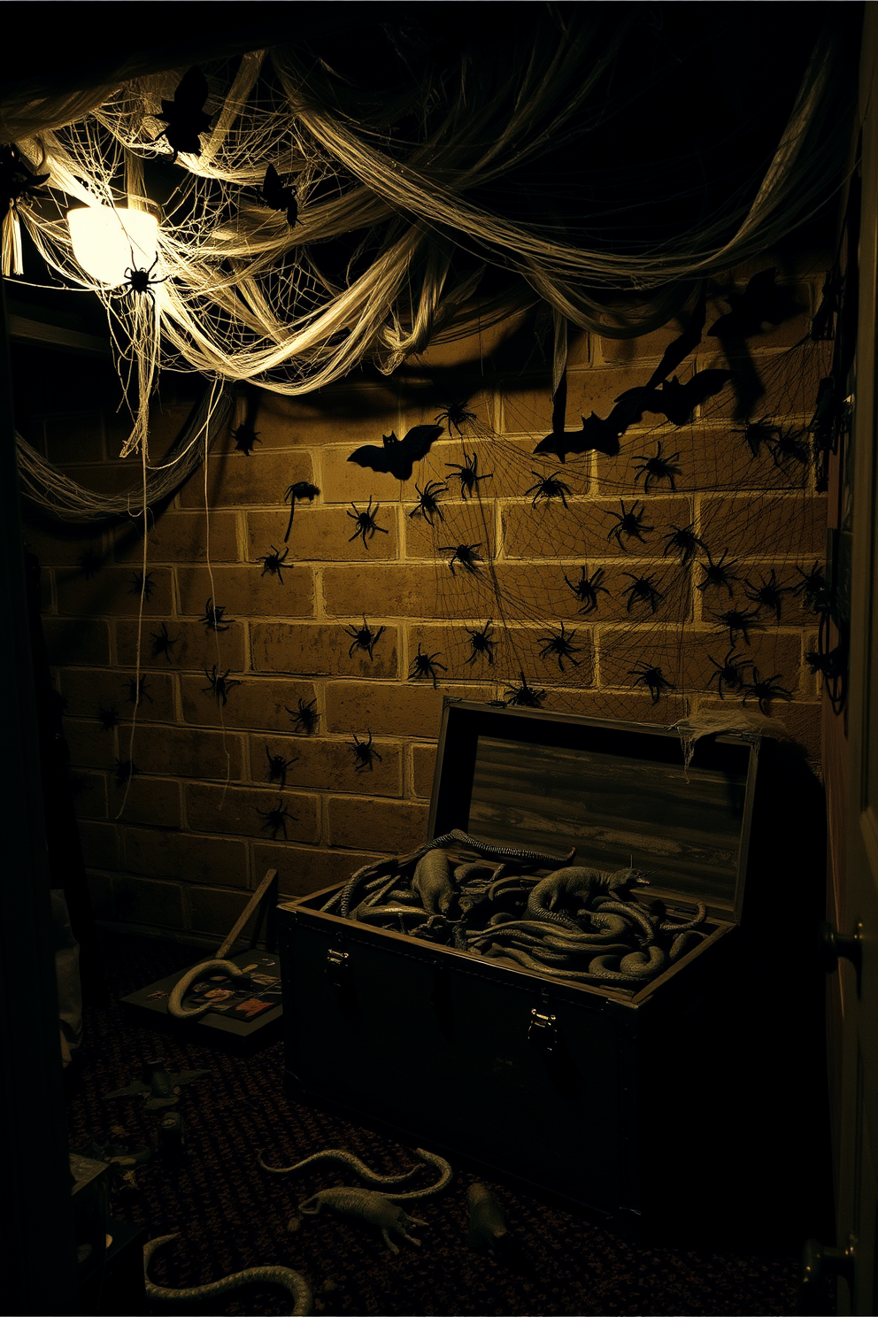 A Halloween basement setting filled with creepy crawlies in unexpected places. Cobwebs hang from the ceiling while plastic spiders and bats are scattered throughout the dark corners. A vintage trunk in the corner is overflowing with fake snakes and rats, adding to the eerie atmosphere. Dim lighting casts shadows on the walls, enhancing the unsettling vibe of the space.