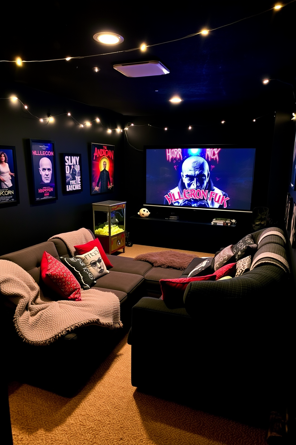 A cozy basement setting designed for a themed movie night featuring horror films. The walls are painted in deep black, adorned with spooky artwork and string lights that create an eerie ambiance. A large sectional sofa is arranged in front of a big screen, covered with plush blankets and an assortment of decorative pillows in shades of red and gray. A vintage popcorn machine sits in one corner, while a collection of horror movie posters is displayed on the walls, enhancing the theme.