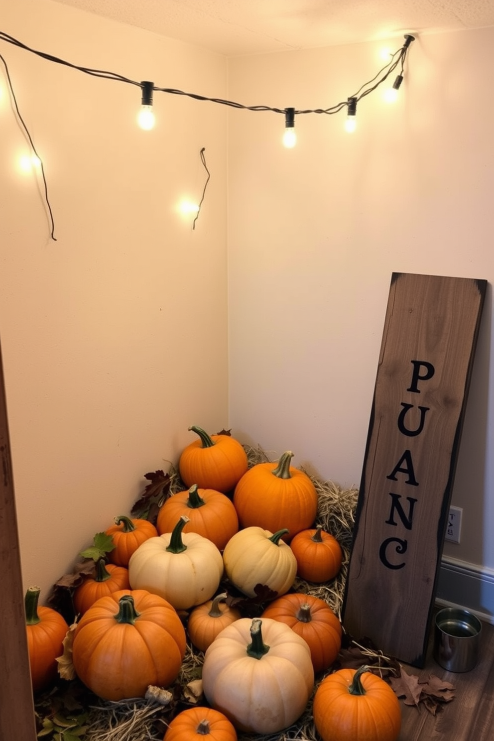 A cozy basement corner transformed into a whimsical pumpkin patch for Halloween. The space features an array of real pumpkins in various sizes, nestled among hay bales and autumn leaves. Twinkling string lights hang overhead, casting a warm glow over the scene. A rustic wooden sign reading 