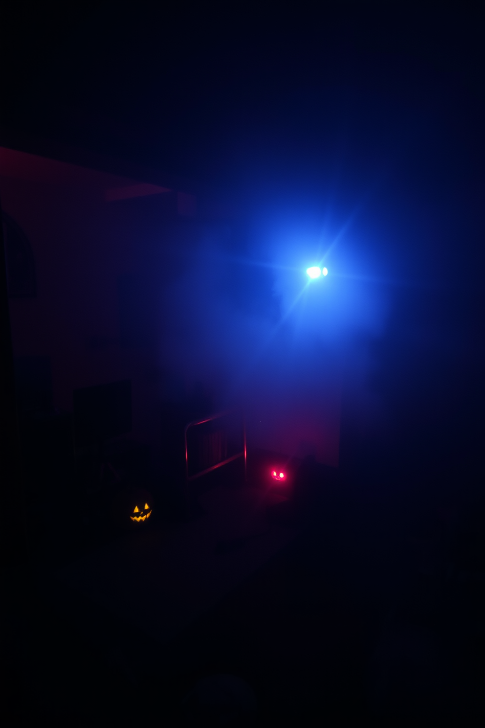 A spooky basement setting transformed for Halloween with a fog machine creating an eerie atmosphere. Dim lighting casts shadows on the walls, enhancing the chilling vibe of the space.