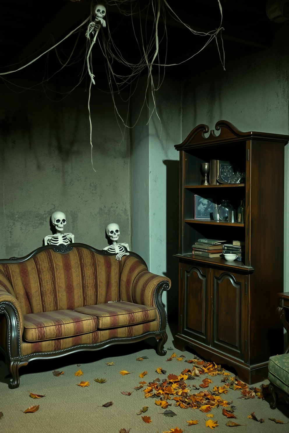 A spooky basement setting for Halloween. Skeletons are peeking from behind a vintage sofa and an old wooden bookshelf, creating an eerie atmosphere. Dim lighting casts shadows on the walls, enhancing the haunting vibe. Cobwebs hang from the ceiling, and scattered autumn leaves add to the seasonal decor.