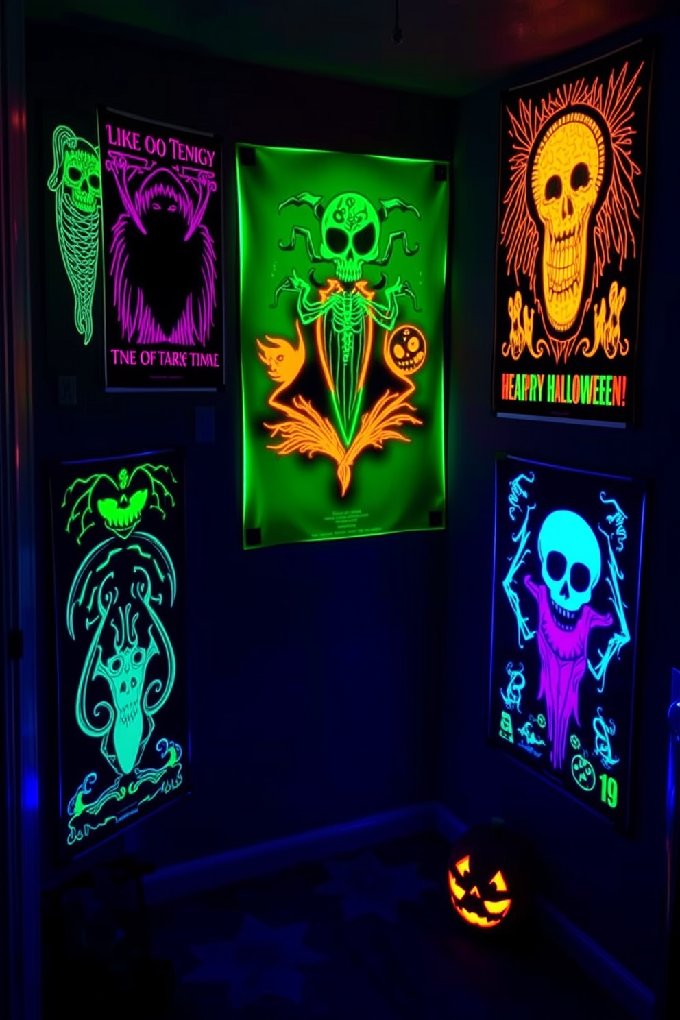 Create a Halloween basement that features blacklight posters showcasing spooky designs and vibrant colors. The walls are adorned with glowing artwork that illuminates the space, creating an eerie yet festive atmosphere.