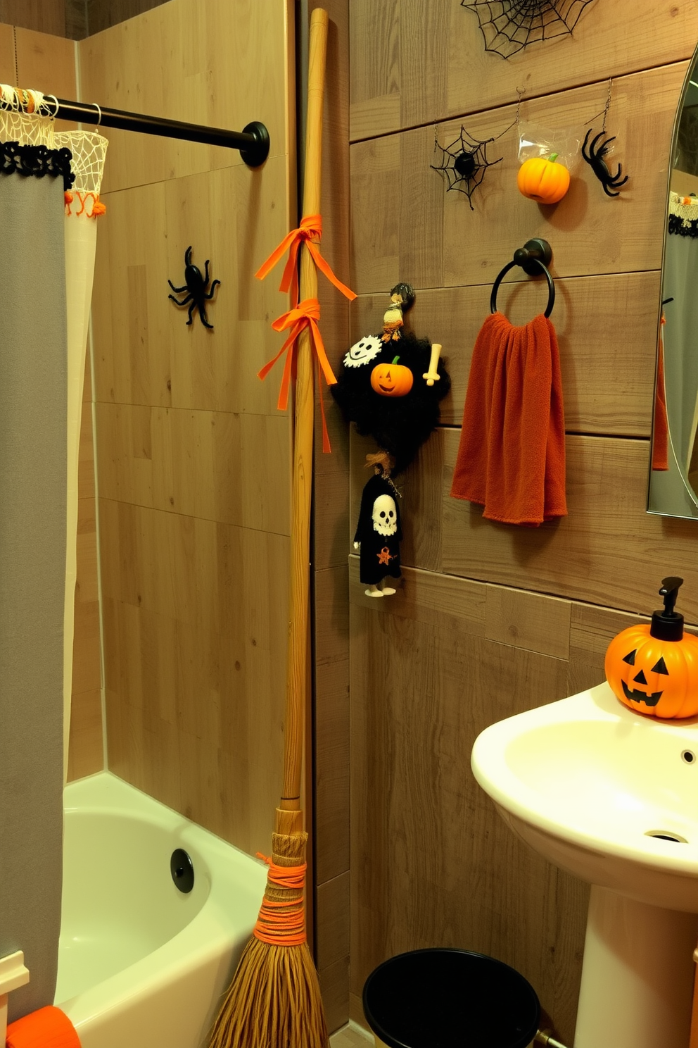 Witch broomstick leaning against a rustic wooden wall adorned with Halloween-themed decorations. The bathroom features a spooky ambiance with orange and black accents, including a cobweb shower curtain and a pumpkin-shaped soap dispenser.