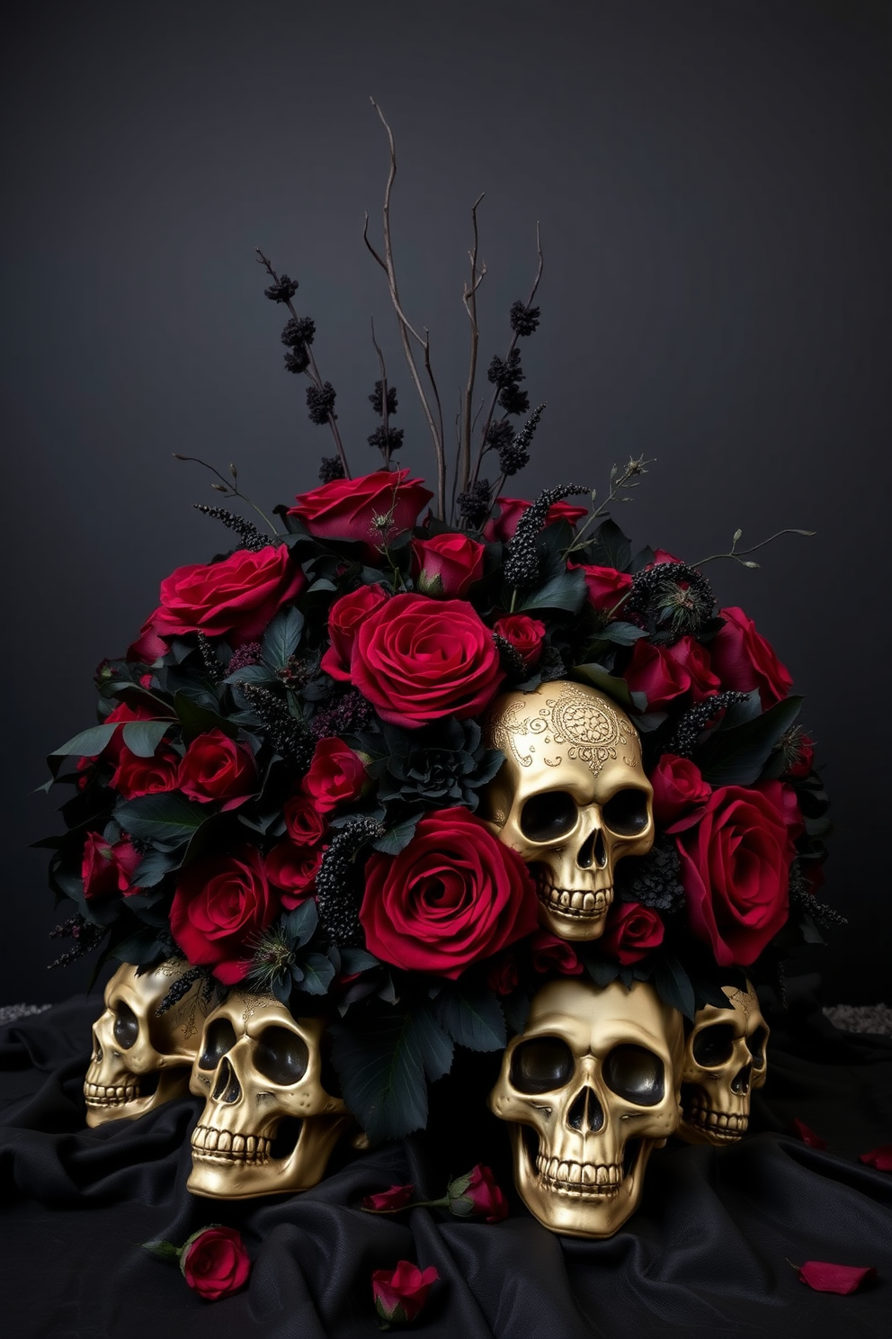 A dramatic Halloween display featuring dark floral arrangements intertwined with intricate skulls. The centerpiece showcases deep red and black flowers, accented by elegant skulls adorned with gold detailing, creating a striking contrast against a dark backdrop.