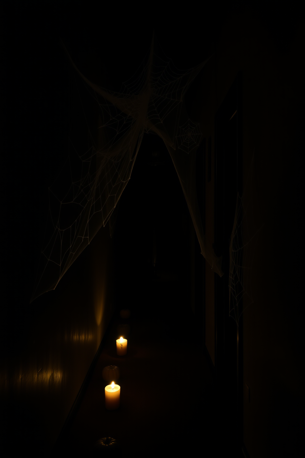 A dimly lit hallway adorned with spooky spider webs stretching across the walls. Flickering candles cast eerie shadows, and small pumpkins line the floor, creating a haunting atmosphere for Halloween.