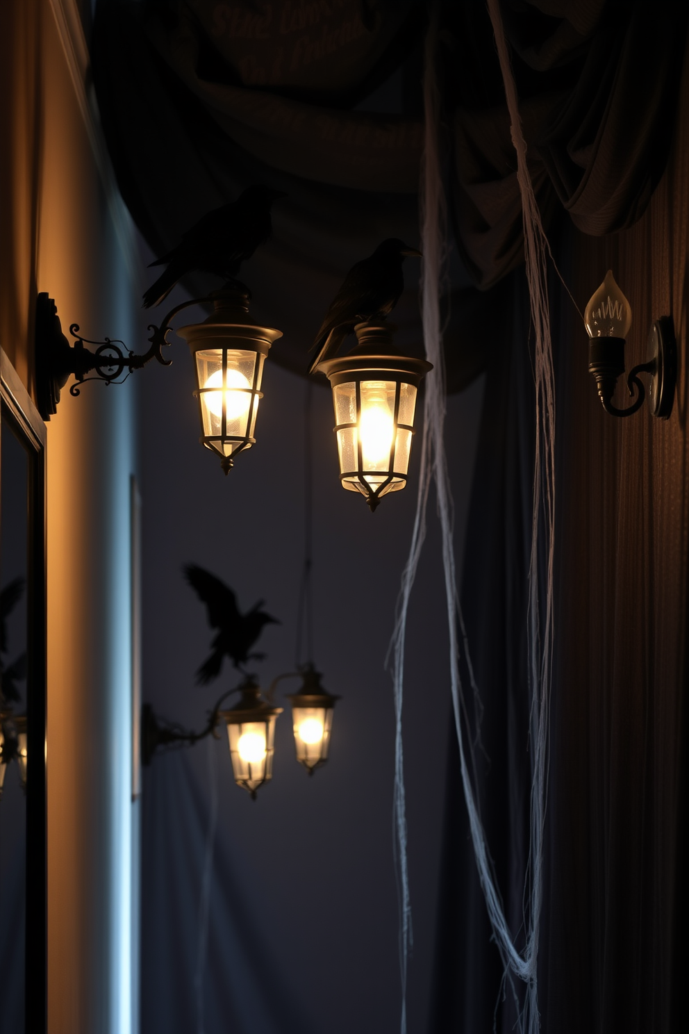 A spooky Halloween hallway is adorned with eerie crows perched on vintage light fixtures casting haunting shadows. The walls are draped with dark, textured fabric, and cobwebs stretch across the corners, creating a chilling atmosphere.