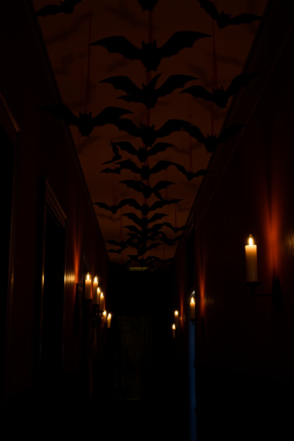 A spooky hallway decorated for Halloween features bats suspended from the ceiling, creating an eerie atmosphere. The walls are adorned with dark, moody colors, and flickering candlelight casts shadows that enhance the haunting effect.