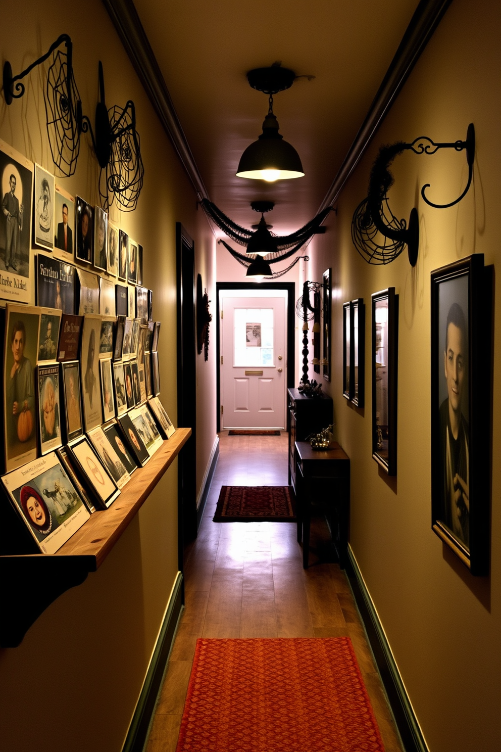 A collection of vintage Halloween postcards is elegantly displayed along a charming hallway. The postcards feature classic Halloween imagery and are arranged in a cohesive manner on a rustic wooden shelf. The hallway is adorned with subtle decorations that evoke the spirit of Halloween. Soft lighting casts a warm glow, enhancing the nostalgic atmosphere while maintaining a welcoming feel.