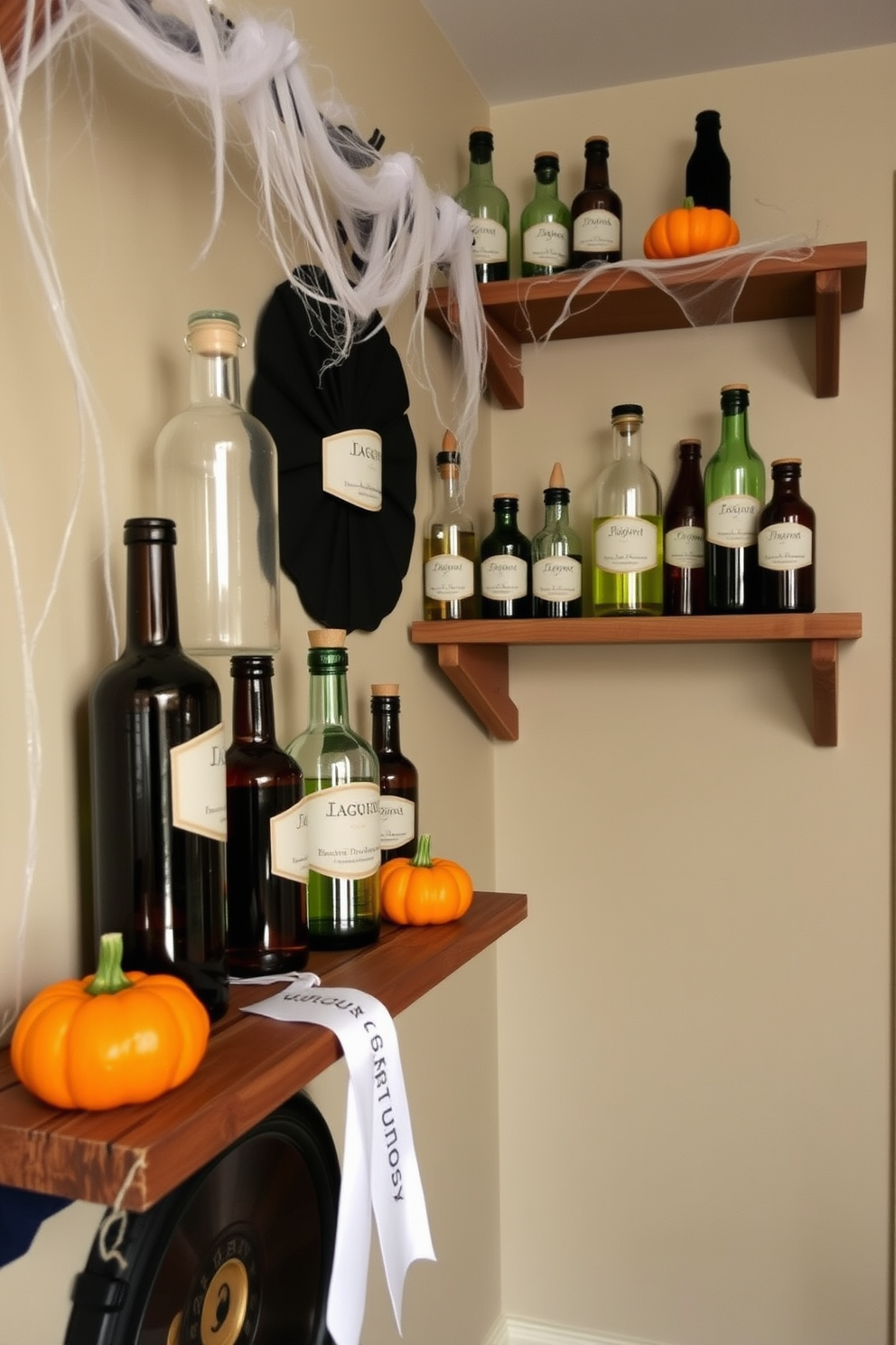 A whimsical Halloween hallway filled with DIY potion bottles displayed on rustic wooden shelves. The shelves are adorned with cobwebs and small decorative pumpkins, creating a spooky yet inviting atmosphere.