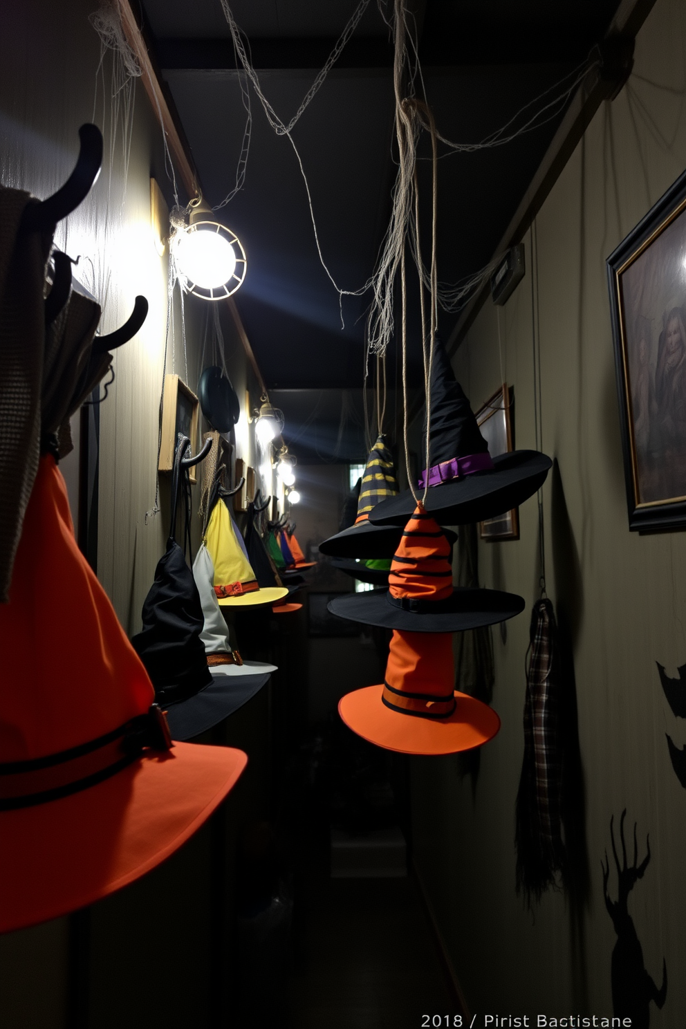 Witch hats of various sizes and colors hang from rustic wooden hooks along a dimly lit hallway. The walls are adorned with cobwebs and spooky artwork, creating an enchanting Halloween atmosphere.