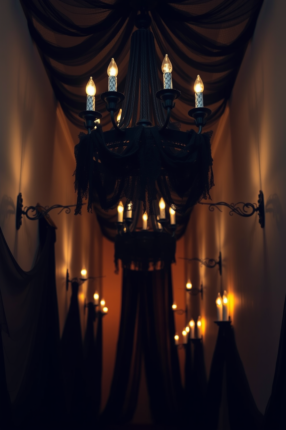 A spooky Halloween hallway adorned with chandeliers wrapped in black lace creates an eerie yet elegant atmosphere. The walls are draped with dark fabric, and flickering candlelight adds a haunting glow to the space.