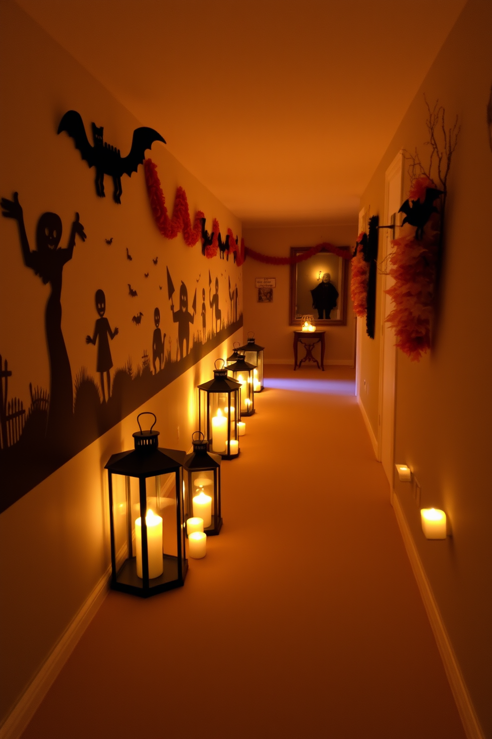 Candlelit lanterns are strategically placed along the hallway, casting a warm and inviting glow. The walls are adorned with spooky silhouettes and autumn-themed decorations, creating a festive Halloween atmosphere.