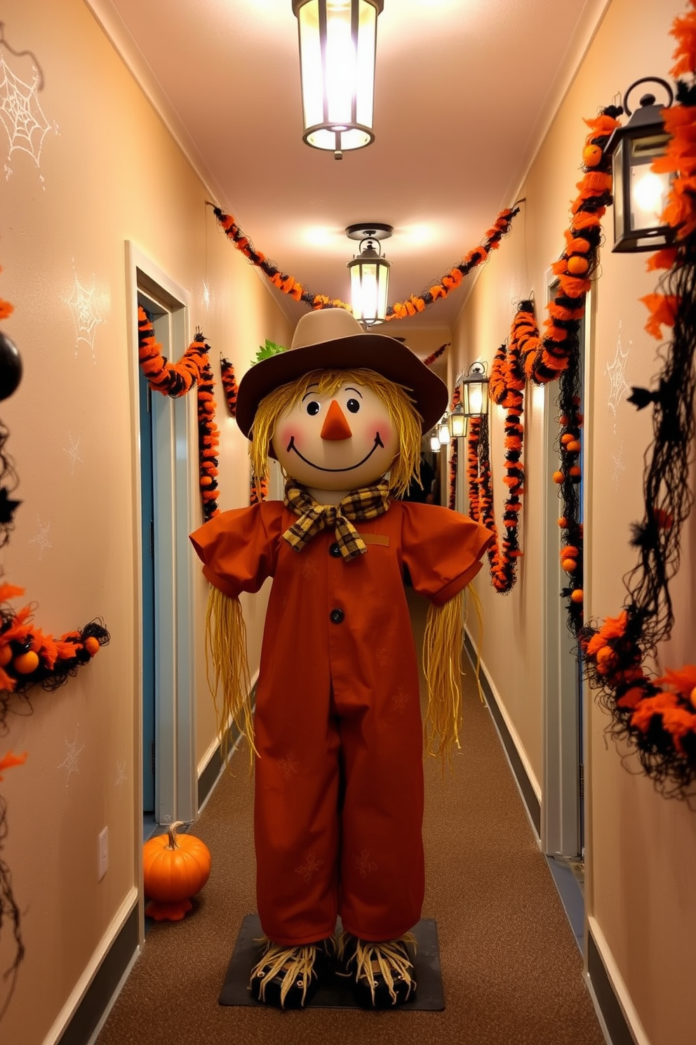 A whimsical scarecrow figure stands at the entrance, welcoming guests with a friendly smile and straw hat. The hallway is adorned with festive Halloween decorations, featuring orange and black garlands draped along the walls and flickering lanterns casting a warm glow.