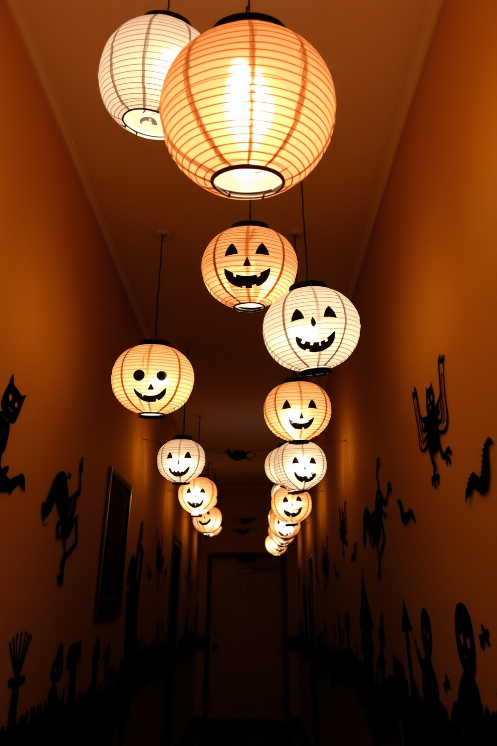 Hanging paper lanterns with whimsical faces are strung along the hallway, casting a warm and inviting glow. The walls are adorned with spooky silhouettes and playful decorations, creating a festive atmosphere for Halloween.