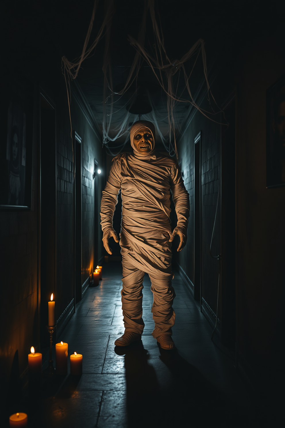 A spooky Halloween hallway features a life-sized mummy wrapped in tattered bandages standing ominously against a backdrop of dimly lit walls. Flickering candles line the floor, casting eerie shadows while cobwebs drape from the ceiling, enhancing the haunting atmosphere.