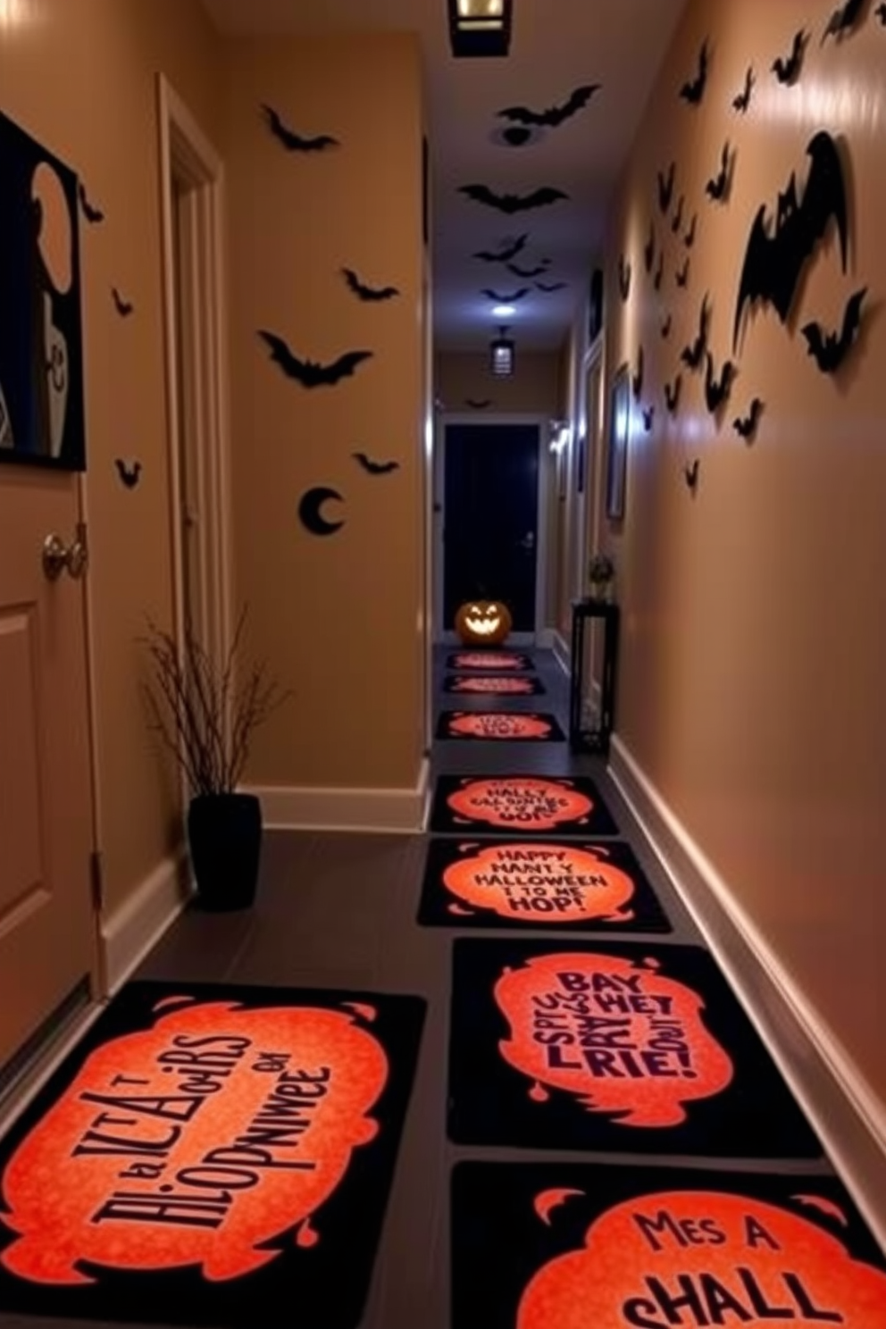 A cozy hallway adorned with floor mats featuring playful Halloween messages. The walls are decorated with spooky silhouettes and hanging bats, creating an inviting and festive atmosphere.