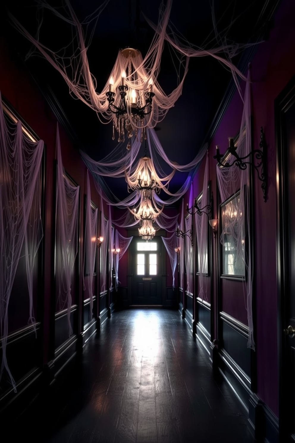 A dramatic hallway adorned with web-covered chandeliers creates an eerie yet elegant atmosphere for Halloween. The walls are painted in deep shades of black and purple, and the floor is lined with dark wooden planks, enhancing the spooky vibe.