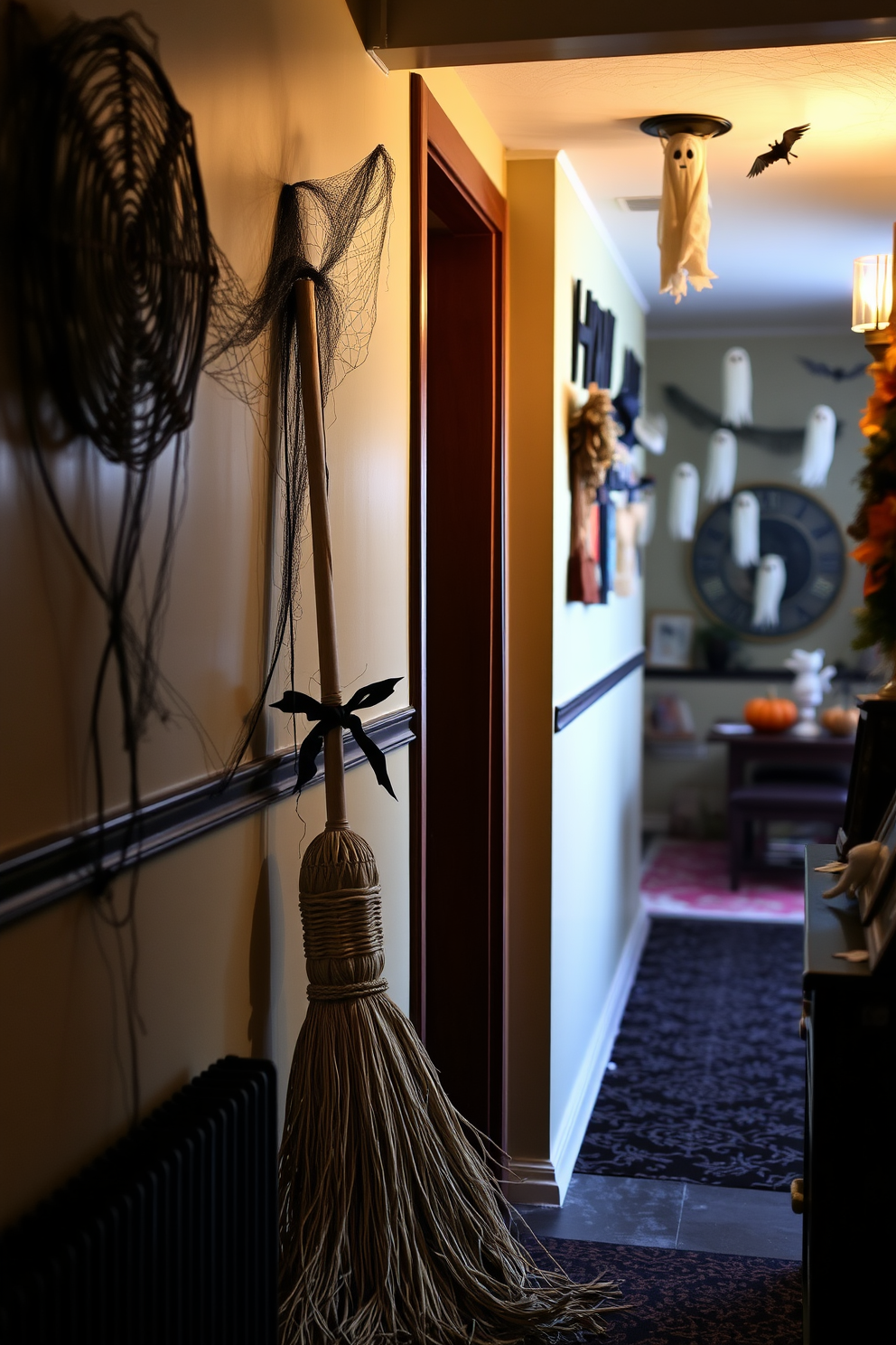 A whimsical Halloween hallway features a vintage witch broom leaning casually against the wall. The space is adorned with spooky decorations like cobwebs and hanging ghosts, creating an enchanting atmosphere.