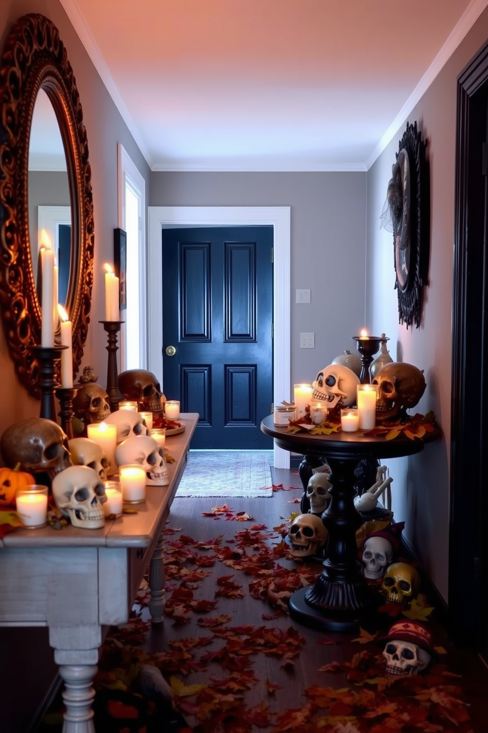 Create a whimsical hallway decorated for Halloween. The space features tabletops adorned with an assortment of decorative skulls in various sizes and finishes, surrounded by flickering candles and autumn leaves.