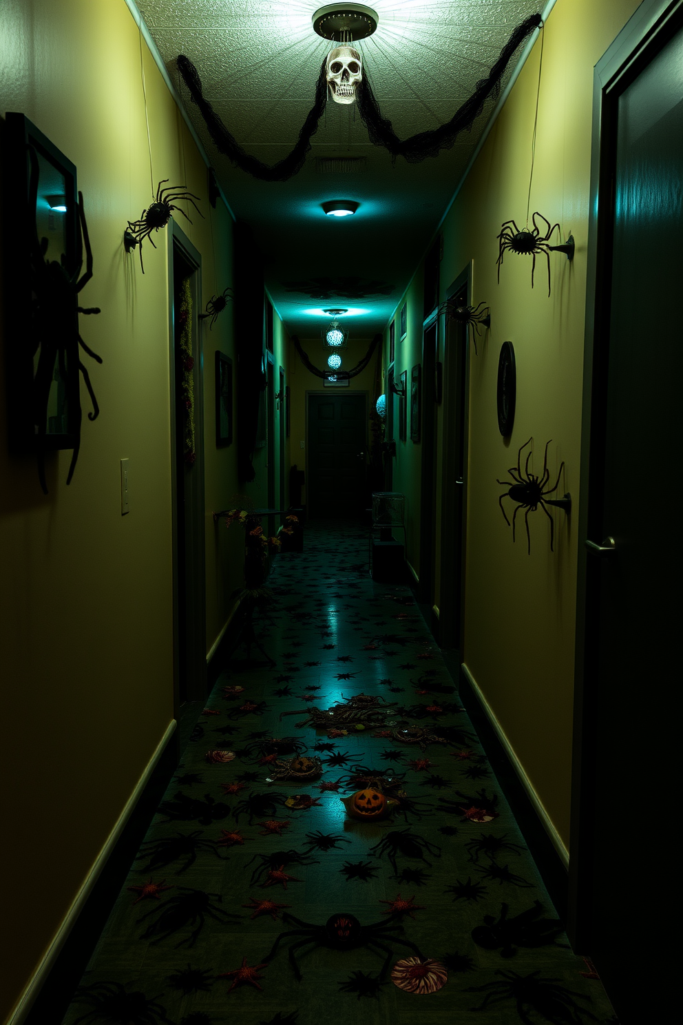 A spooky hallway adorned with Halloween decorations. Creepy crawlies like plastic spiders and fake insects are scattered across the floor, creating an eerie atmosphere.