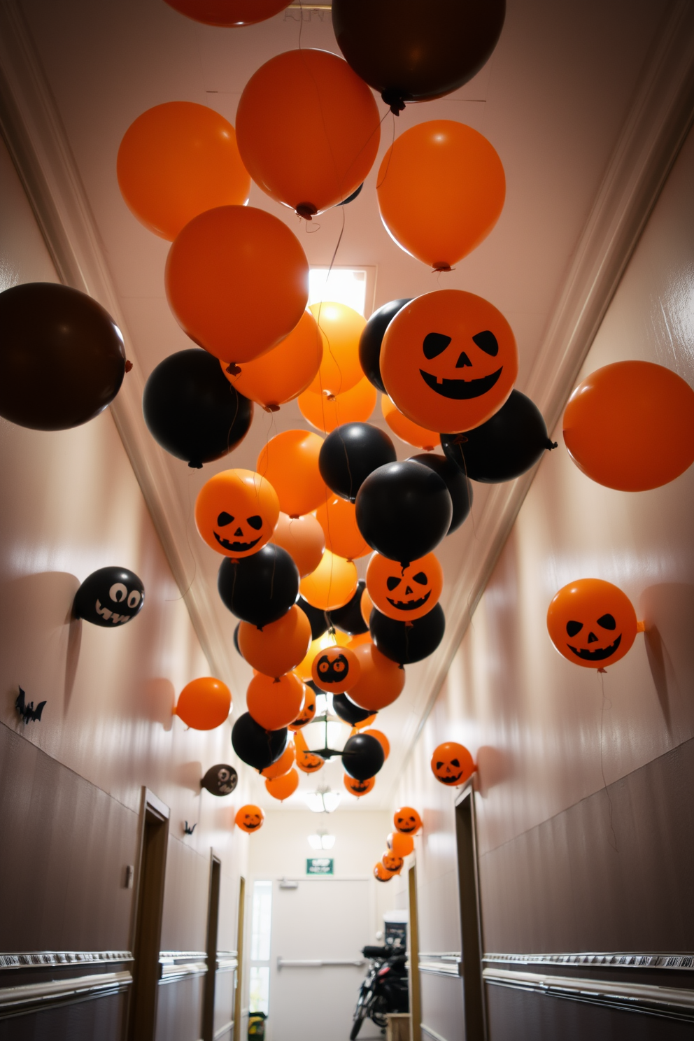 A festive Halloween hallway adorned with orange and black balloons. The balloons are suspended from the ceiling, creating a whimsical atmosphere that invites guests to explore further.