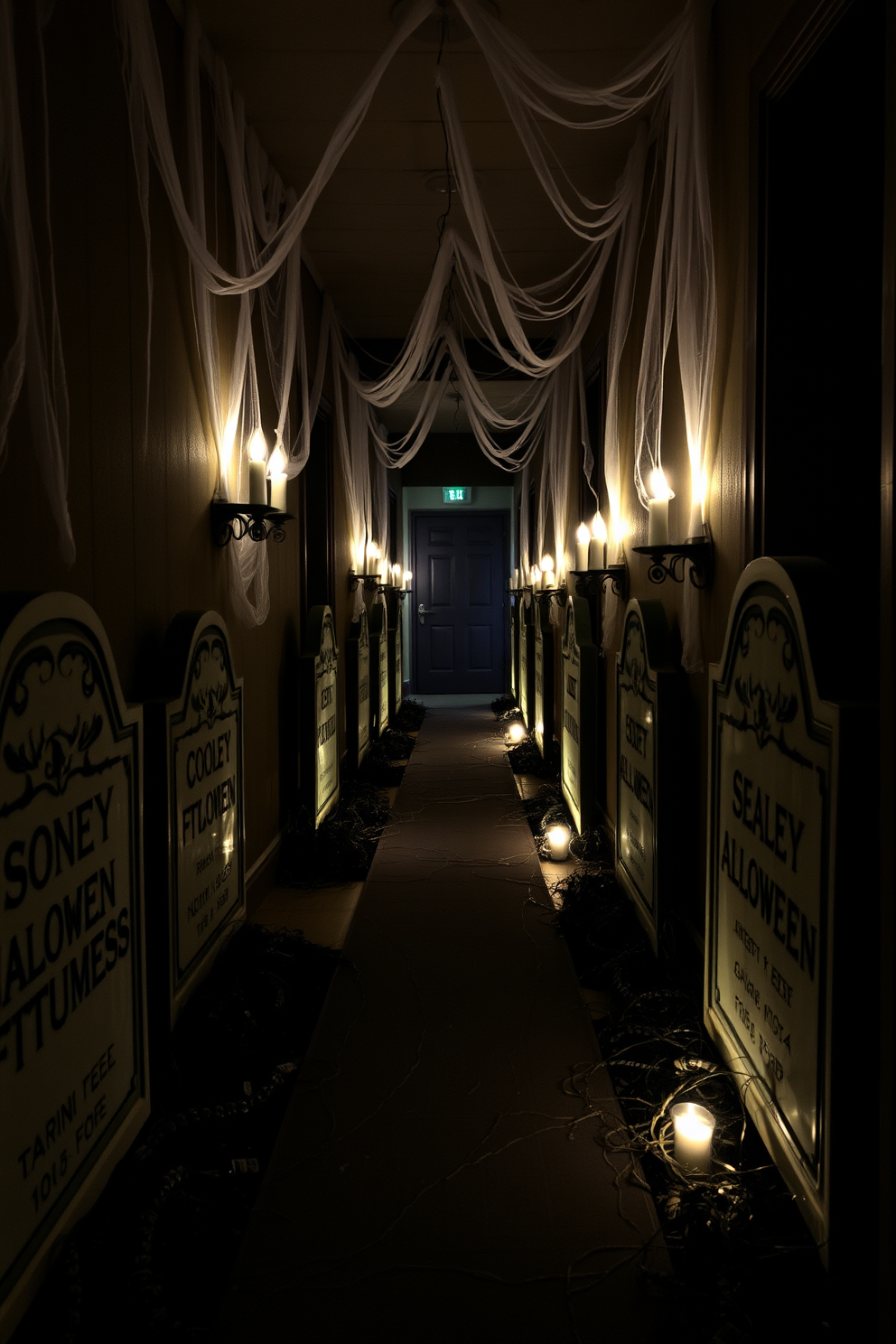 Faux tombstones are strategically placed along the dimly lit hallway, creating an eerie atmosphere perfect for Halloween. Each tombstone features intricate carvings and spooky names, enhancing the haunted vibe of the decor. Cobwebs drape from the ceiling, adding to the ghostly theme as flickering candles cast shadows on the walls. The floor is covered with a dark, tattered runner that complements the chilling ambiance of the Halloween hallway.