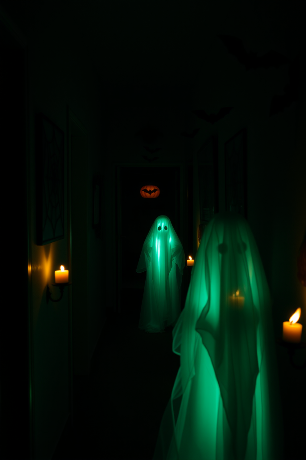 Ghostly figures softly illuminated by flickering candles create an eerie atmosphere in a dimly lit hallway. Shadows dance along the walls as decorative cobwebs and hanging bats add an unsettling charm to the Halloween decor.
