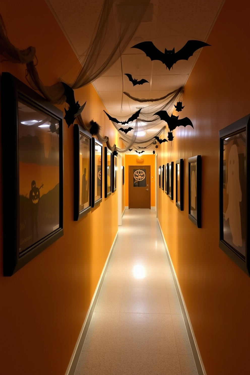 A hallway adorned with themed artwork featuring Halloween motifs. The walls are decorated with framed prints of spooky landscapes, jack-o-lanterns, and ghostly figures, creating a festive atmosphere. Soft, warm lighting illuminates the space, casting gentle shadows that enhance the eerie vibe. Decorative accents such as cobwebs and hanging bats add to the Halloween spirit, inviting guests to explore the hallway.