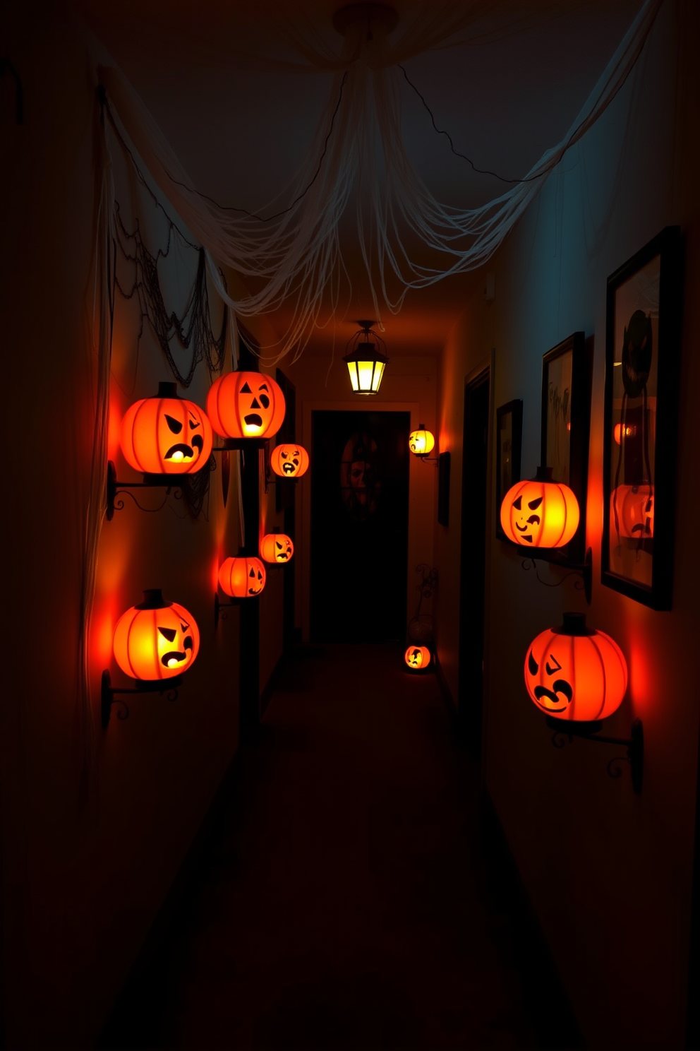 A spooky yet inviting hallway adorned with pumpkin lanterns that cast a warm glow. The walls are draped with cobwebs and spooky artwork, creating a festive Halloween atmosphere.