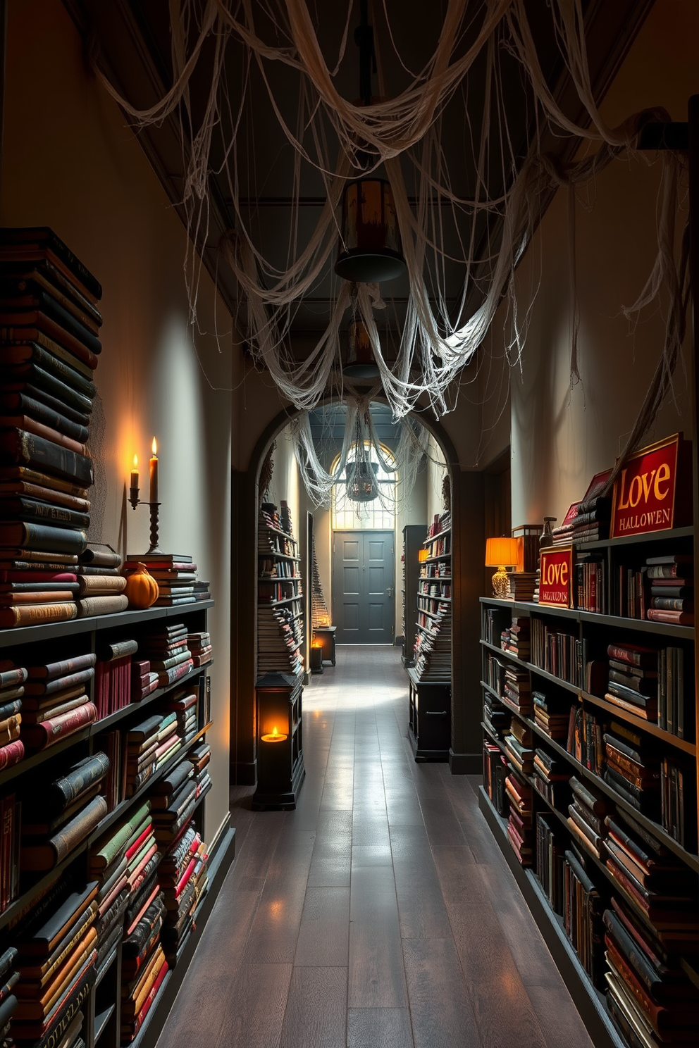 A spooky hallway adorned for Halloween features shelves lined with stacks of eerie books in various sizes and colors. Cobwebs drape from the ceiling, and flickering candlelight casts shadows on the walls, enhancing the mysterious atmosphere.