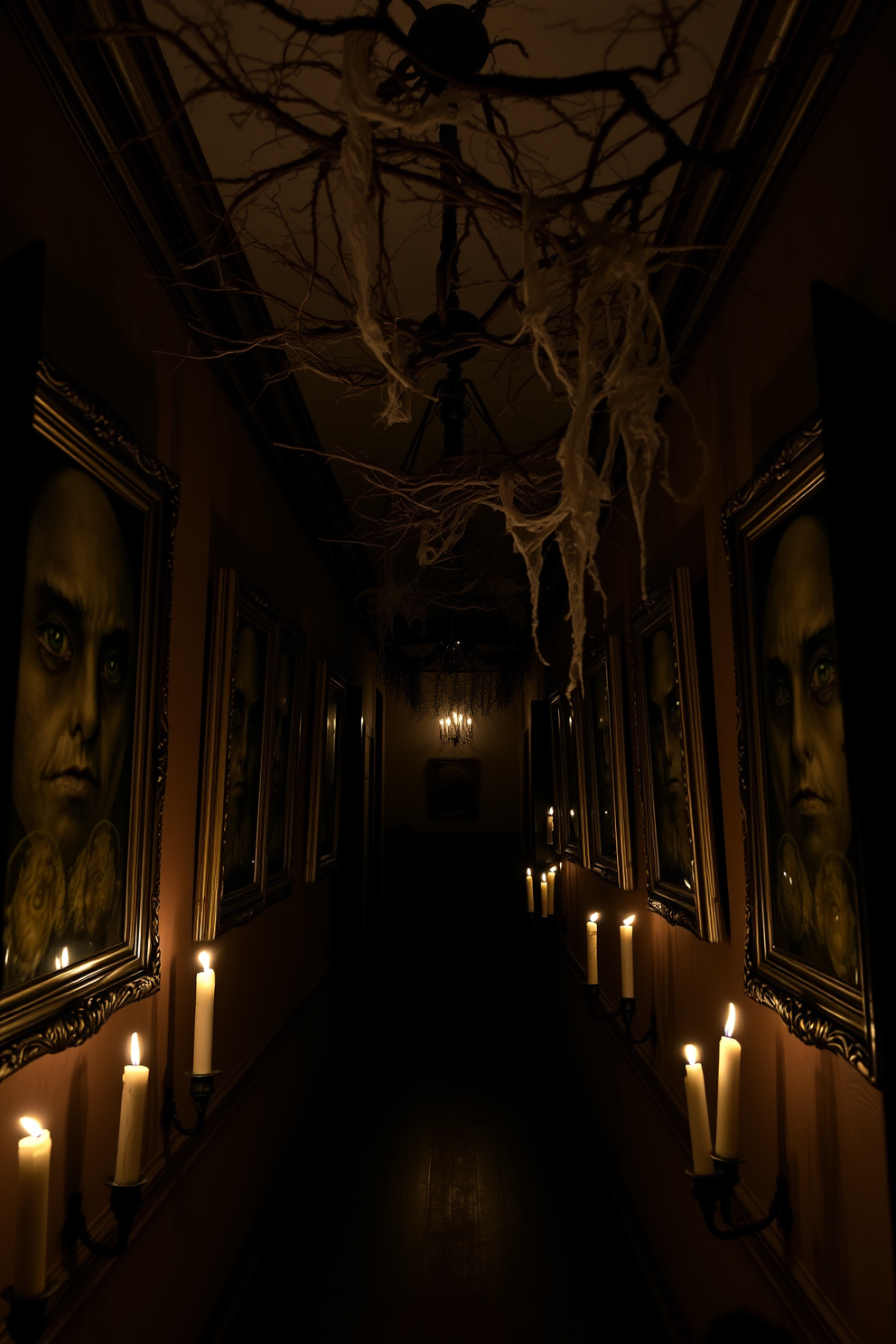 Creepy portraits line the walls of a dimly lit hallway, each framed in ornate, dark wood. The eyes of the portraits seem to follow you as you walk by, creating an unsettling atmosphere perfect for Halloween. Gnarled branches and cobwebs drape from the ceiling, enhancing the eerie vibe of the space. Flickering candles cast shadows that dance across the walls, adding to the chilling effect of the hallway decor.