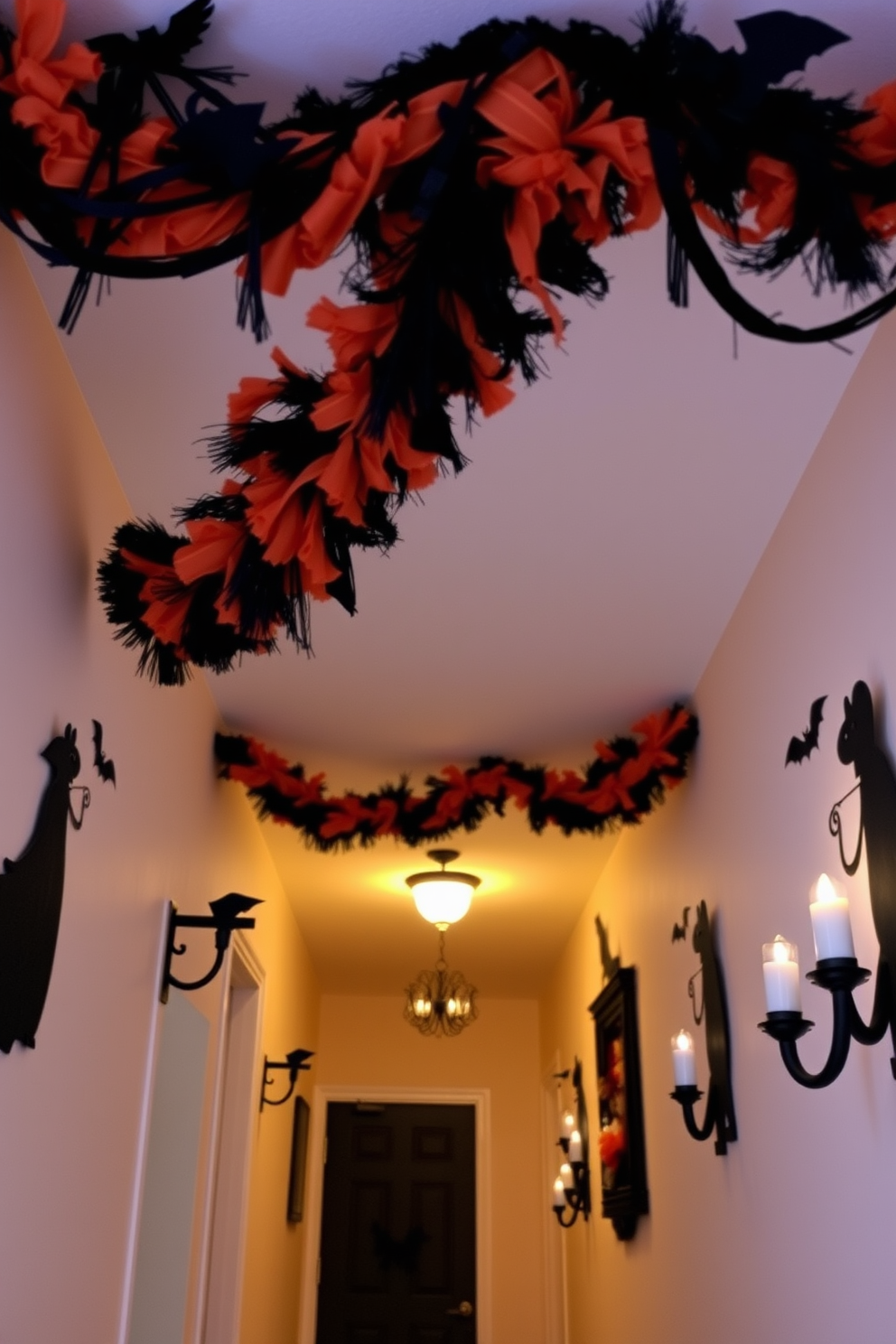 A festive Halloween hallway adorned with a black and orange garland draped elegantly across the ceiling. The walls are decorated with spooky silhouettes and flickering candle lights, creating an enchanting atmosphere.