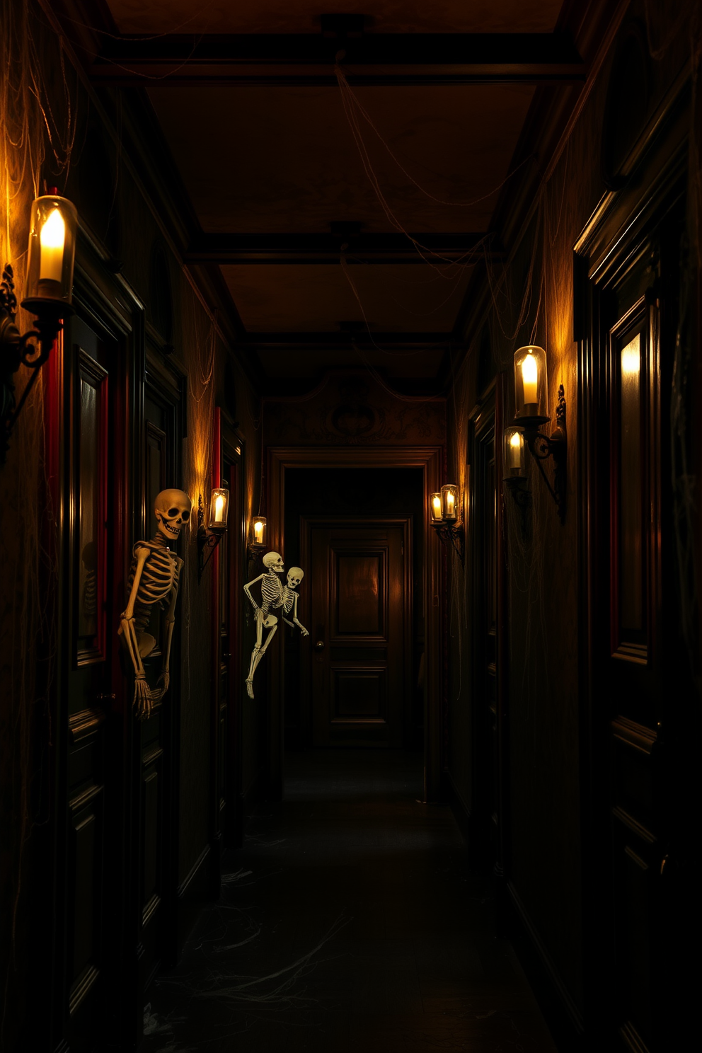 Skeletons peek from behind ornate wooden doors in a dimly lit hallway. The walls are adorned with cobwebs and flickering candle sconces, creating an eerie atmosphere perfect for Halloween.
