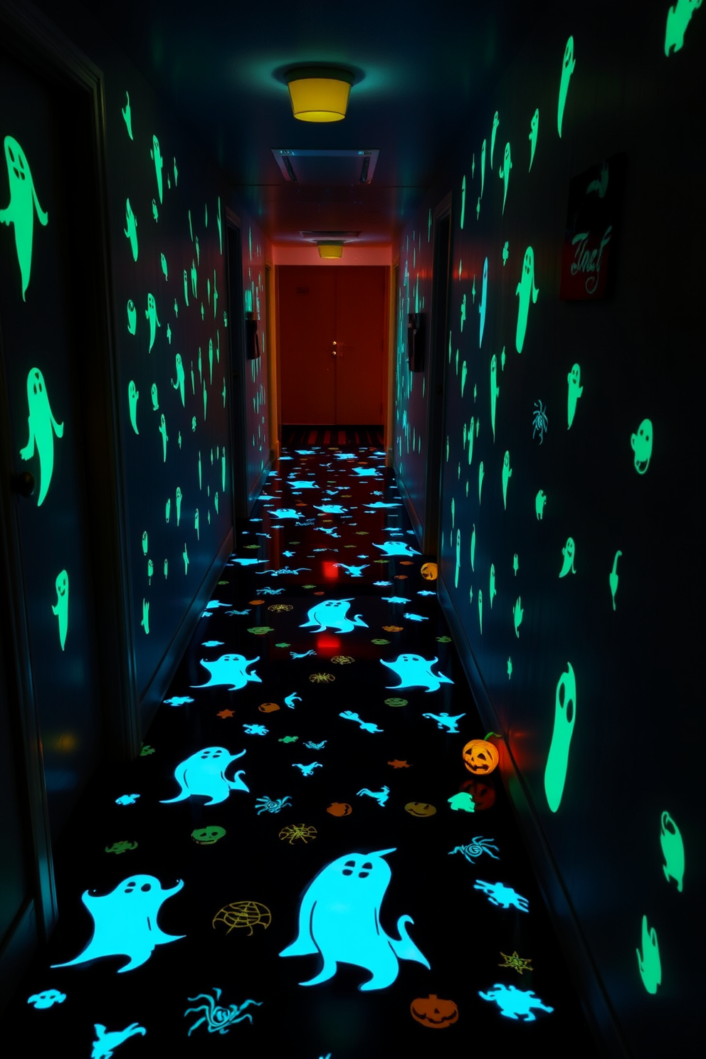 A spooky hallway adorned with glow in the dark stickers that illuminate the space with eerie designs. The floor features a mix of ghostly silhouettes and creepy creatures, creating a fun and festive atmosphere for Halloween.