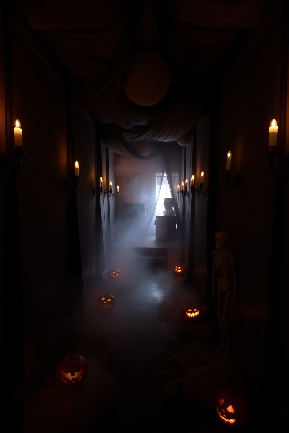 Create a spooky Halloween hallway that features a mysterious fog machine casting an eerie atmosphere throughout the space. The walls are adorned with dark, tattered fabric and flickering candle sconces, enhancing the haunting vibe. Incorporate cobwebs in the corners and strategically placed skeletons to surprise guests as they walk through. Add glowing pumpkins and eerie sound effects to elevate the overall Halloween experience.