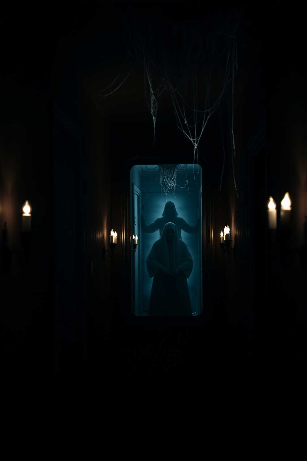 A dimly lit hallway features a haunted mirror that reflects eerie shadows and ghostly figures. Cobwebs drape from the ceiling, and flickering candle sconces cast an unsettling glow along the walls.