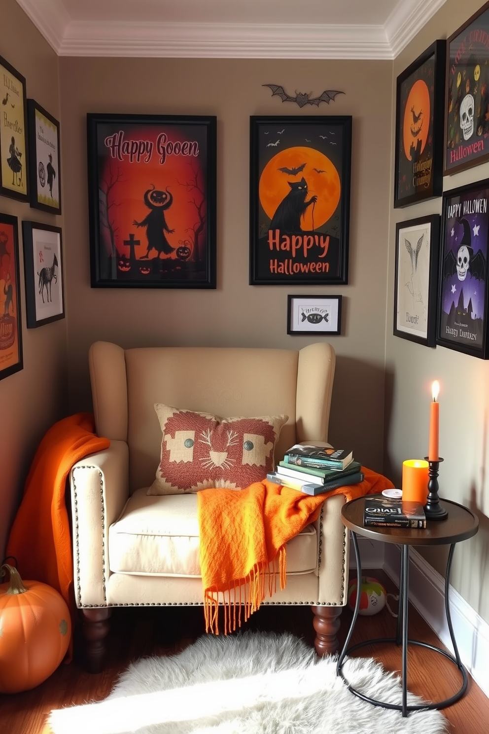 A cozy reading nook adorned with Halloween-themed wall art and prints. The walls are decorated with spooky illustrations and vibrant colors, creating an inviting atmosphere for autumn evenings. A plush armchair sits in the corner, draped with a soft orange throw blanket. A small side table holds a stack of Halloween-themed books and a flickering candle, adding to the seasonal charm.