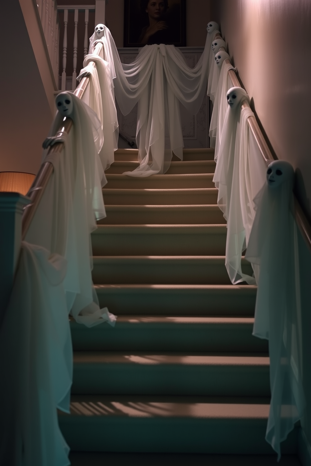 Festive Halloween banners are strung across the staircase creating a playful and spooky atmosphere. The banners feature a mix of vibrant colors and fun Halloween motifs such as pumpkins, ghosts, and bats.