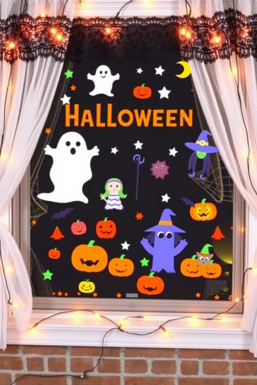 A festive Halloween scene is created with DIY window clings featuring playful characters like ghosts, witches, and pumpkins. The colorful clings are arranged to create a whimsical atmosphere that delights both children and adults alike. The window is framed by black lace curtains, enhancing the spooky aesthetic. Soft orange lights are strung around the window to add a warm glow to the Halloween decorations.