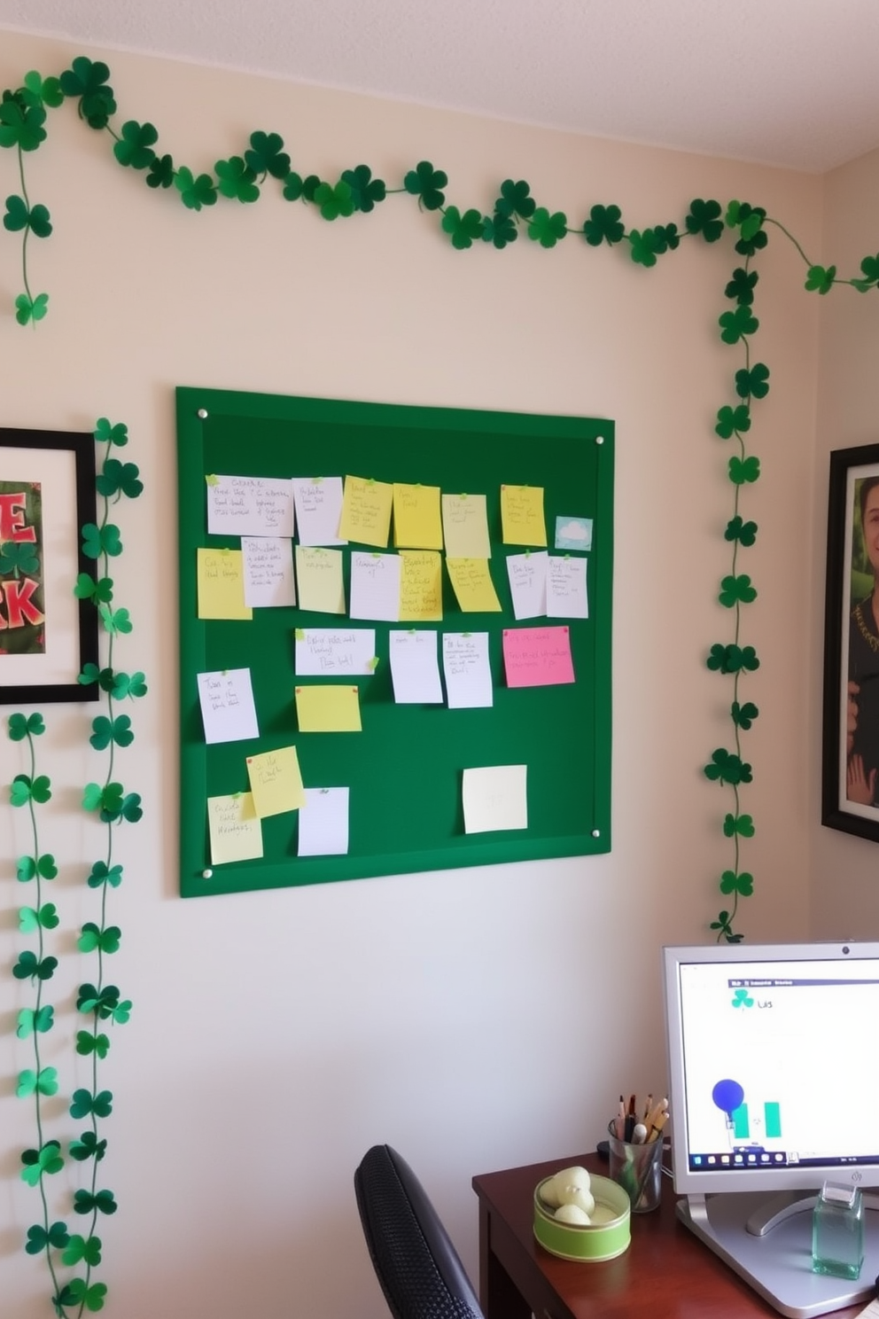 A green felt bulletin board is mounted on the wall, filled with colorful notes and reminders. The surrounding home office features St. Patrick's Day decorations, including shamrock garlands and themed artwork.