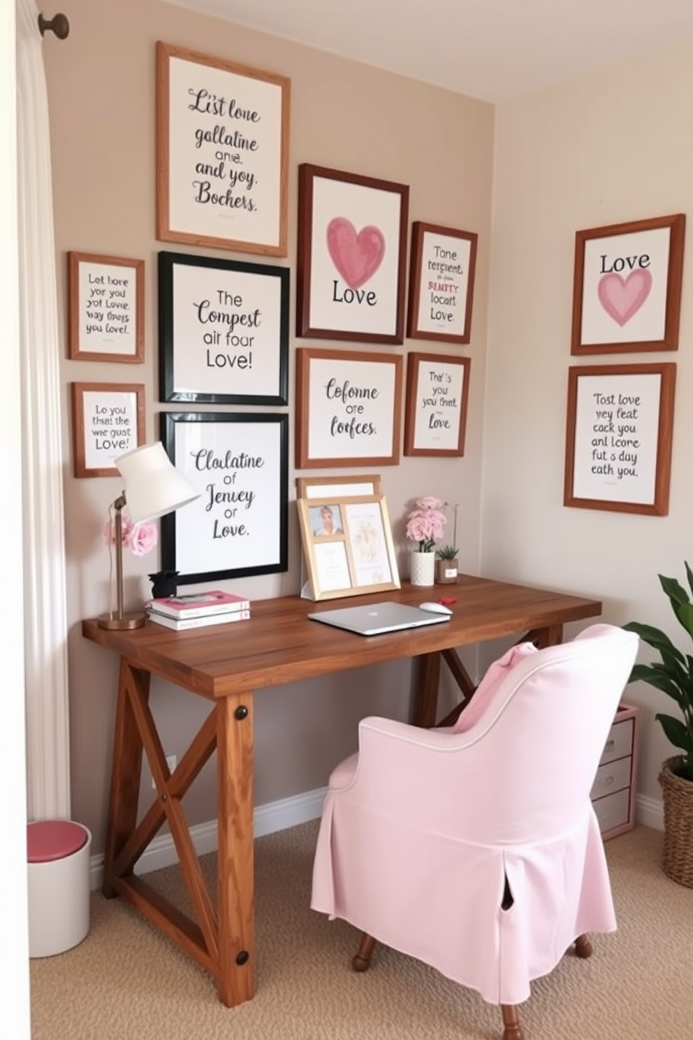 A cozy home office setting adorned with love-themed inspirational quotes framed on the walls. The desk is made of reclaimed wood and features a stylish chair, while soft pink and white accents create a warm Valentine's Day atmosphere.