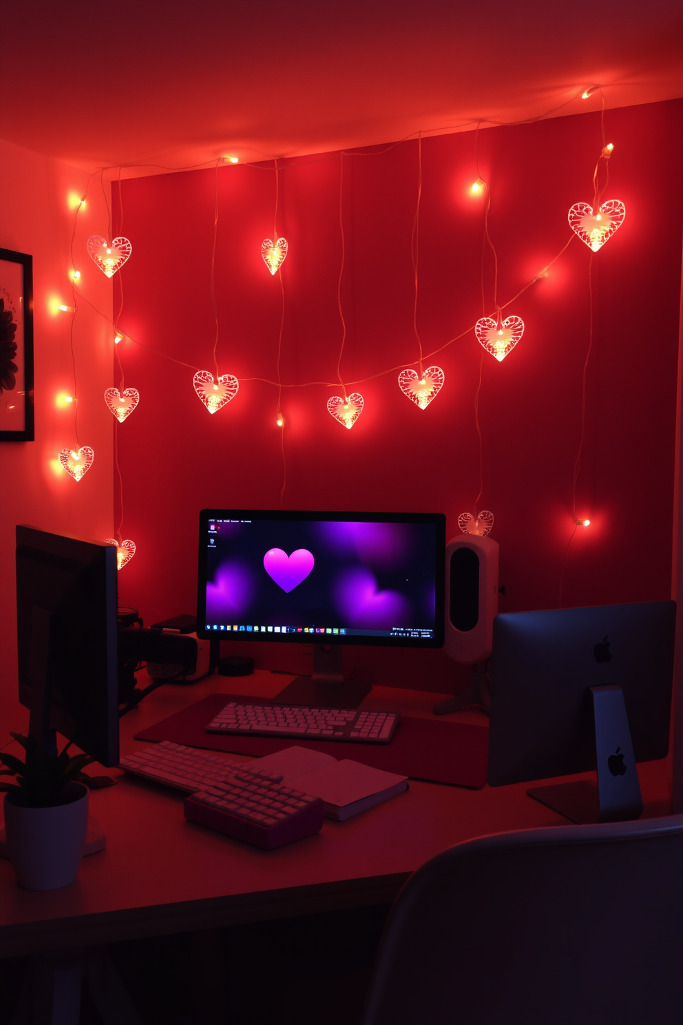 A cozy home office setting adorned with string lights shaped like hearts. The warm glow of the lights creates a romantic ambiance, enhancing the workspace for a Valentine's Day theme.