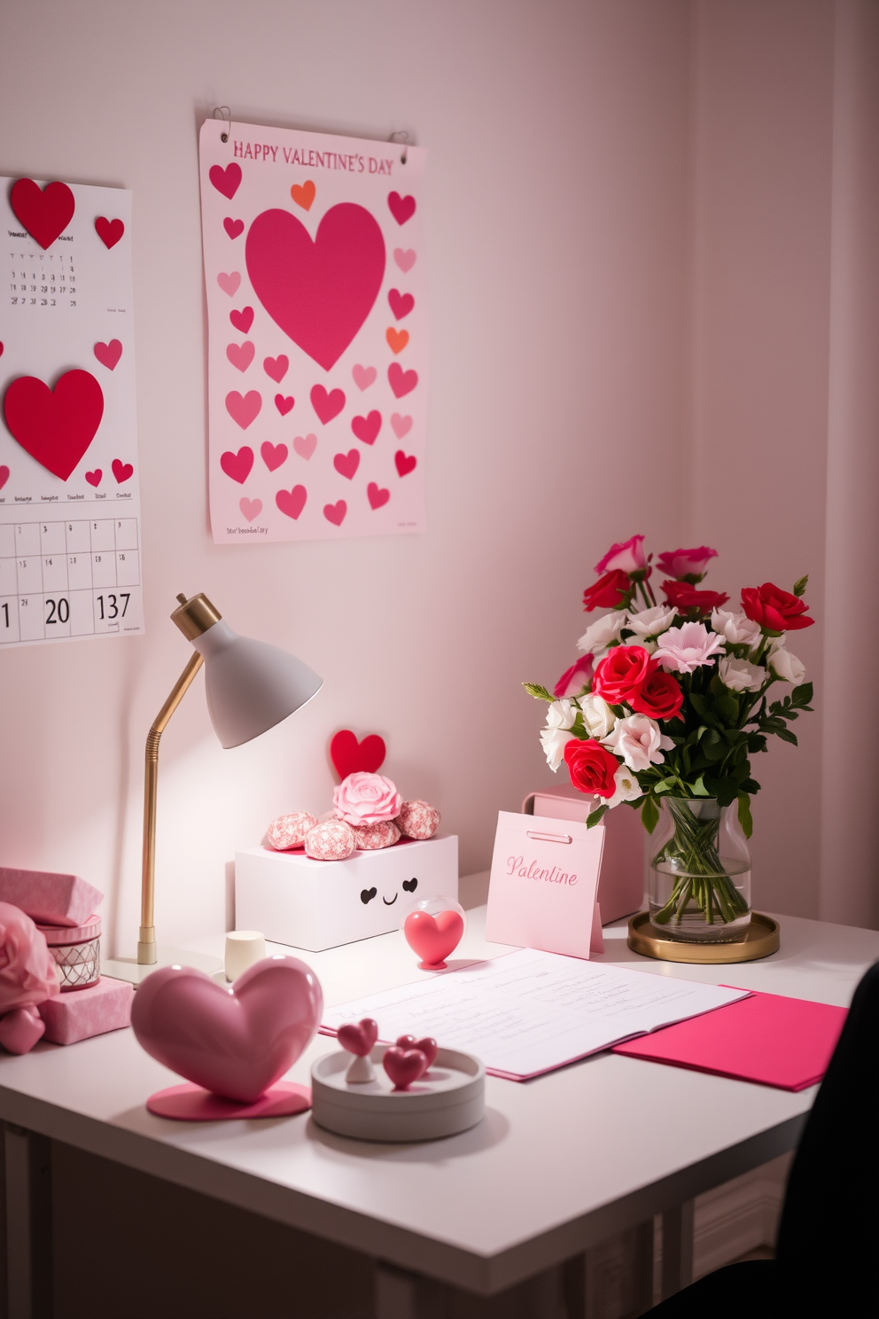 A cozy home office setting decorated for Valentine's Day. The walls feature a Valentine themed calendar with heart motifs and pastel colors, creating a cheerful atmosphere. A desk is adorned with pink and red accents, including heart-shaped paperweights and a bouquet of fresh flowers. Soft lighting from a stylish desk lamp enhances the romantic vibe, making it a perfect workspace for creativity.