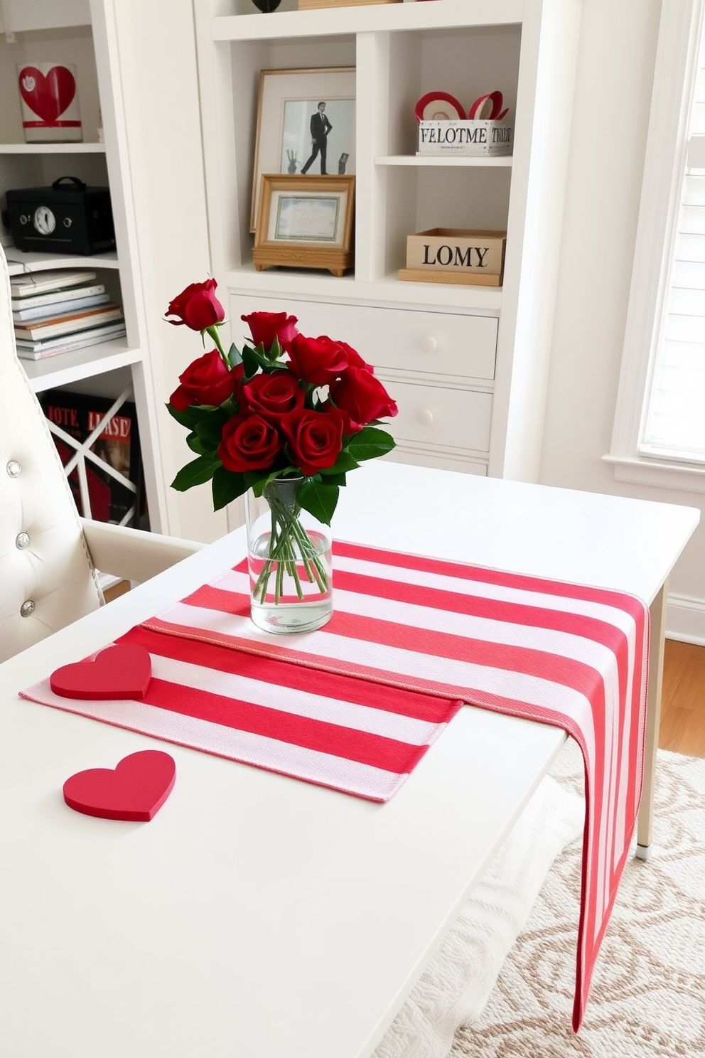 A stylish home office decorated for Valentine's Day features a red and white striped table runner elegantly draped across the desk. Complementing the runner, there are heart-shaped coasters and a bouquet of red roses in a glass vase, adding a romantic touch to the workspace.