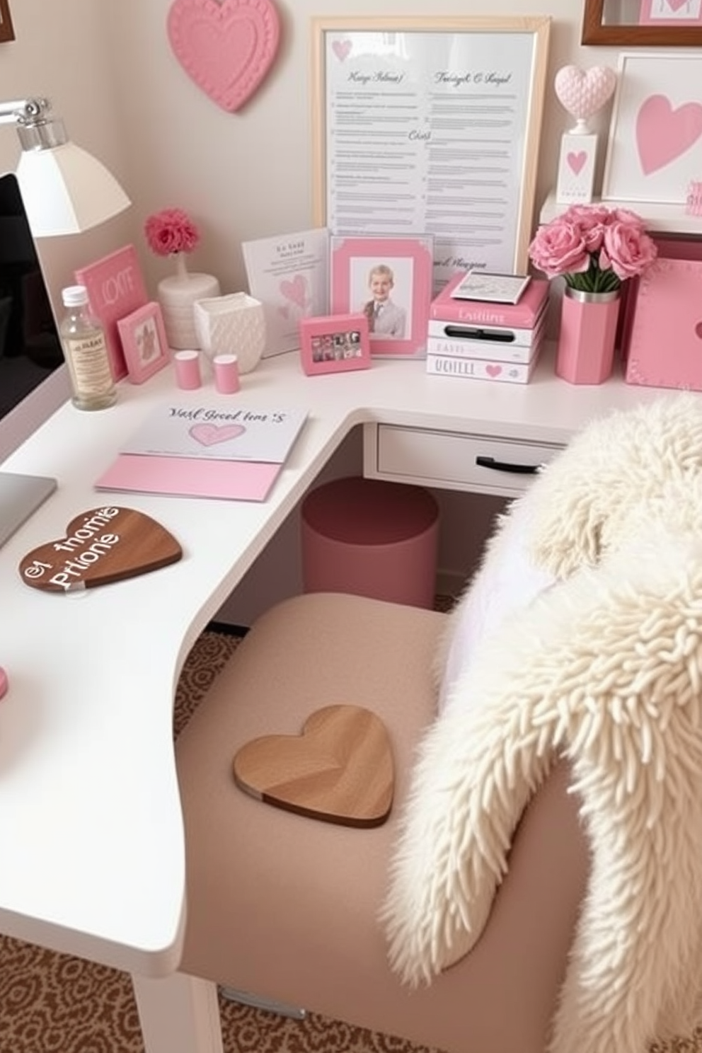 A cozy home office setting perfect for Valentine's Day. The desk features custom heart-shaped coasters made of polished wood, adding a personal touch to the workspace. Soft pink and white accents are incorporated throughout the room. A comfortable chair is adorned with a plush throw blanket, creating an inviting atmosphere for creativity.