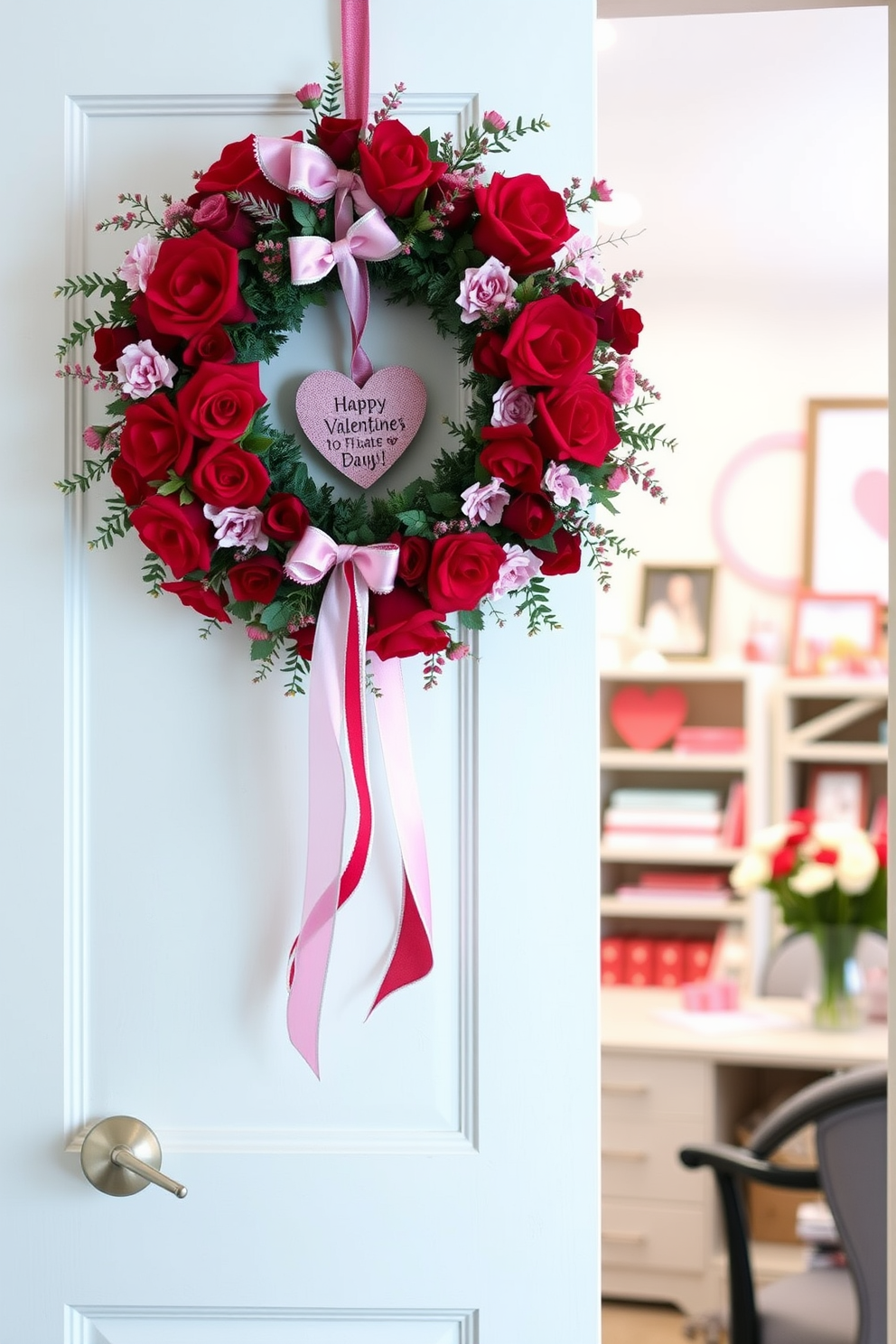 A seasonal wreath adorned with red and pink flowers hangs beautifully on the office door. The wreath features heart-shaped accents and ribbons that capture the essence of Valentine's Day. Inside the home office, a cozy workspace is decorated with soft pink and white accents. Heart-themed decor items and a small vase of fresh flowers create a warm and inviting atmosphere.