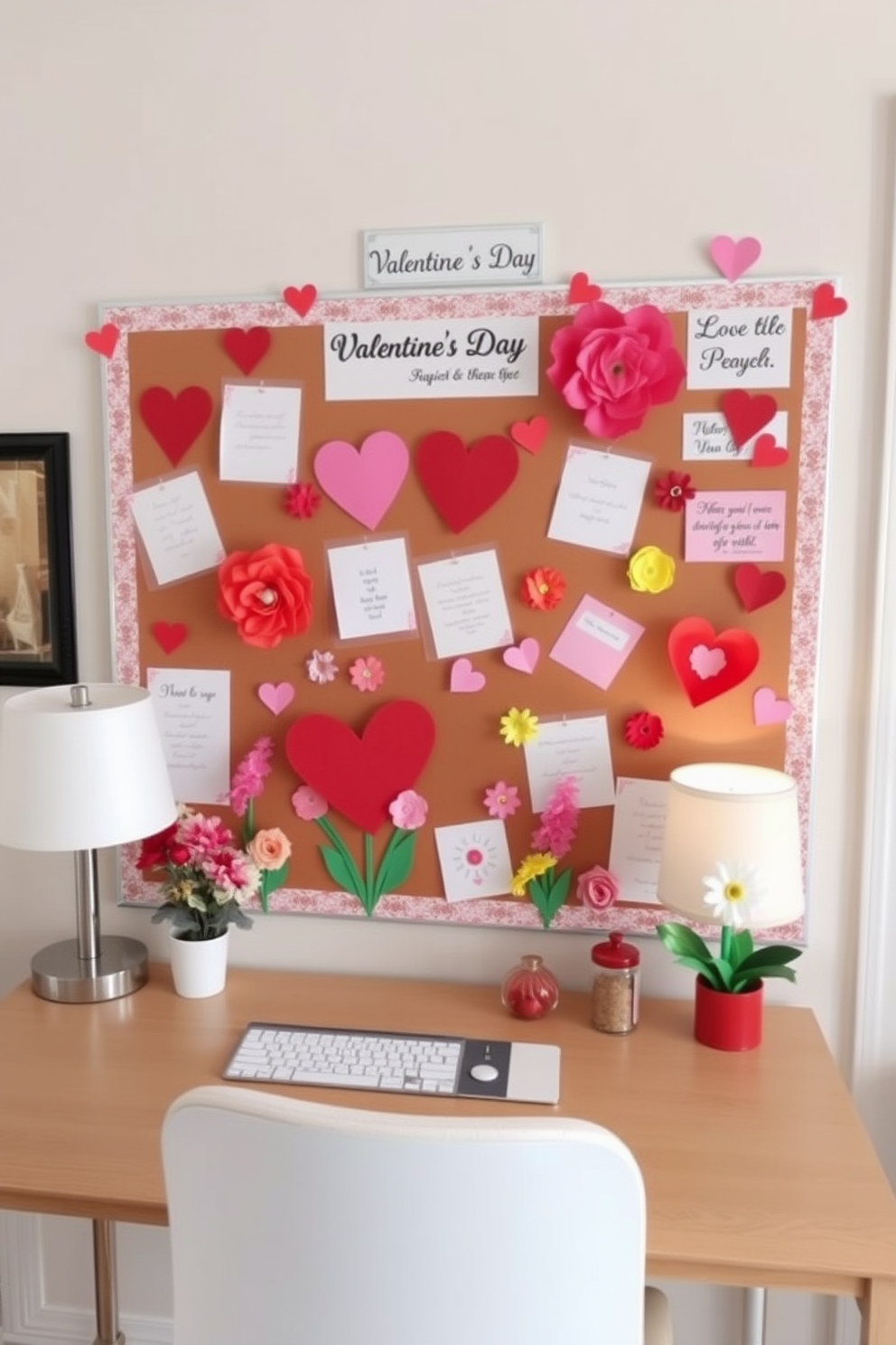 A charming home office space decorated for Valentine's Day. The bulletin board is adorned with heart-shaped notes, colorful paper flowers, and romantic quotes, creating a warm and inviting atmosphere.