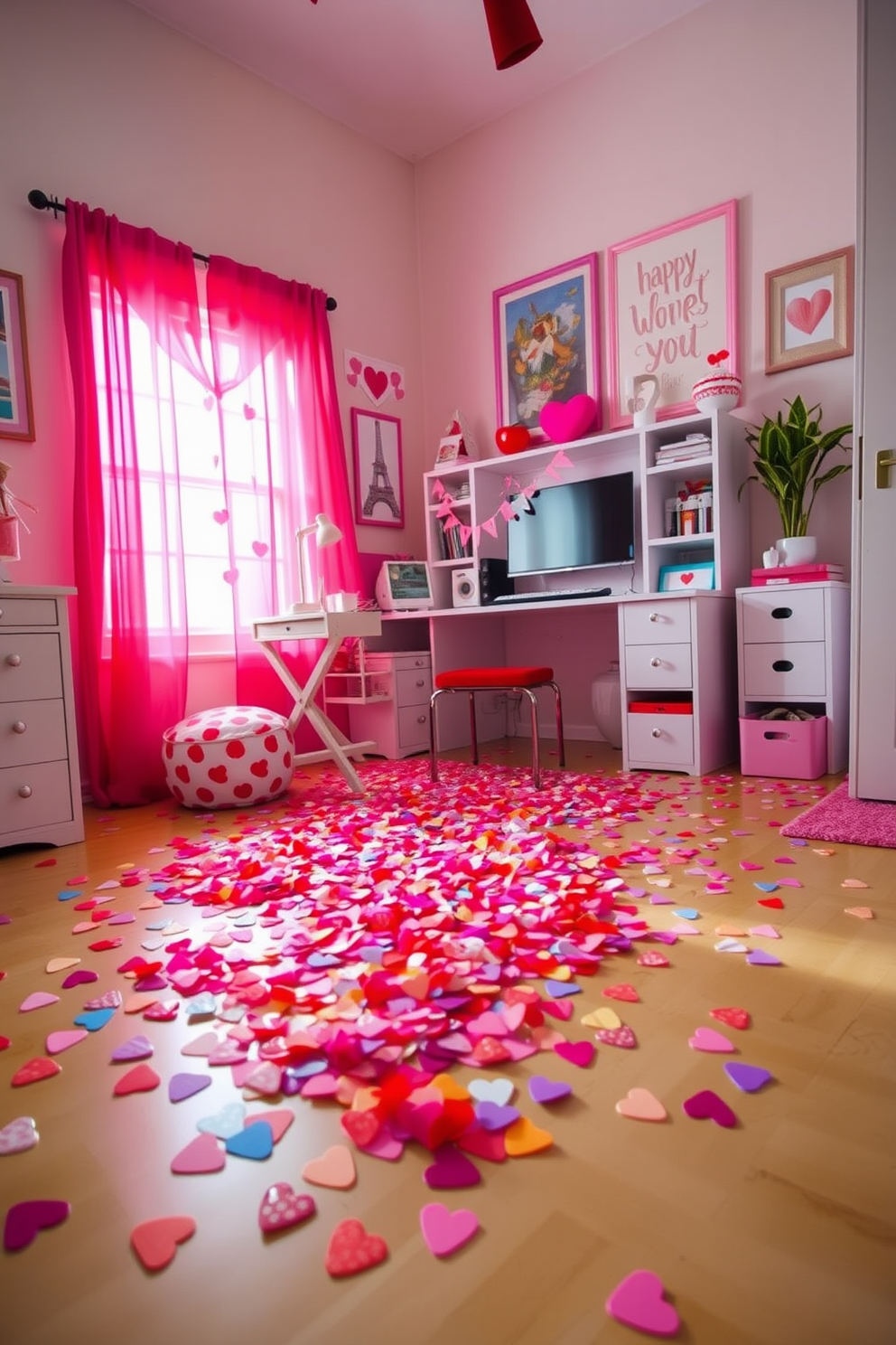 A vibrant home office decorated for Valentine's Day features colorful heart-shaped confetti scattered across the desk and floor. The walls are adorned with cheerful artwork and soft pink accents, creating a warm and inviting atmosphere.