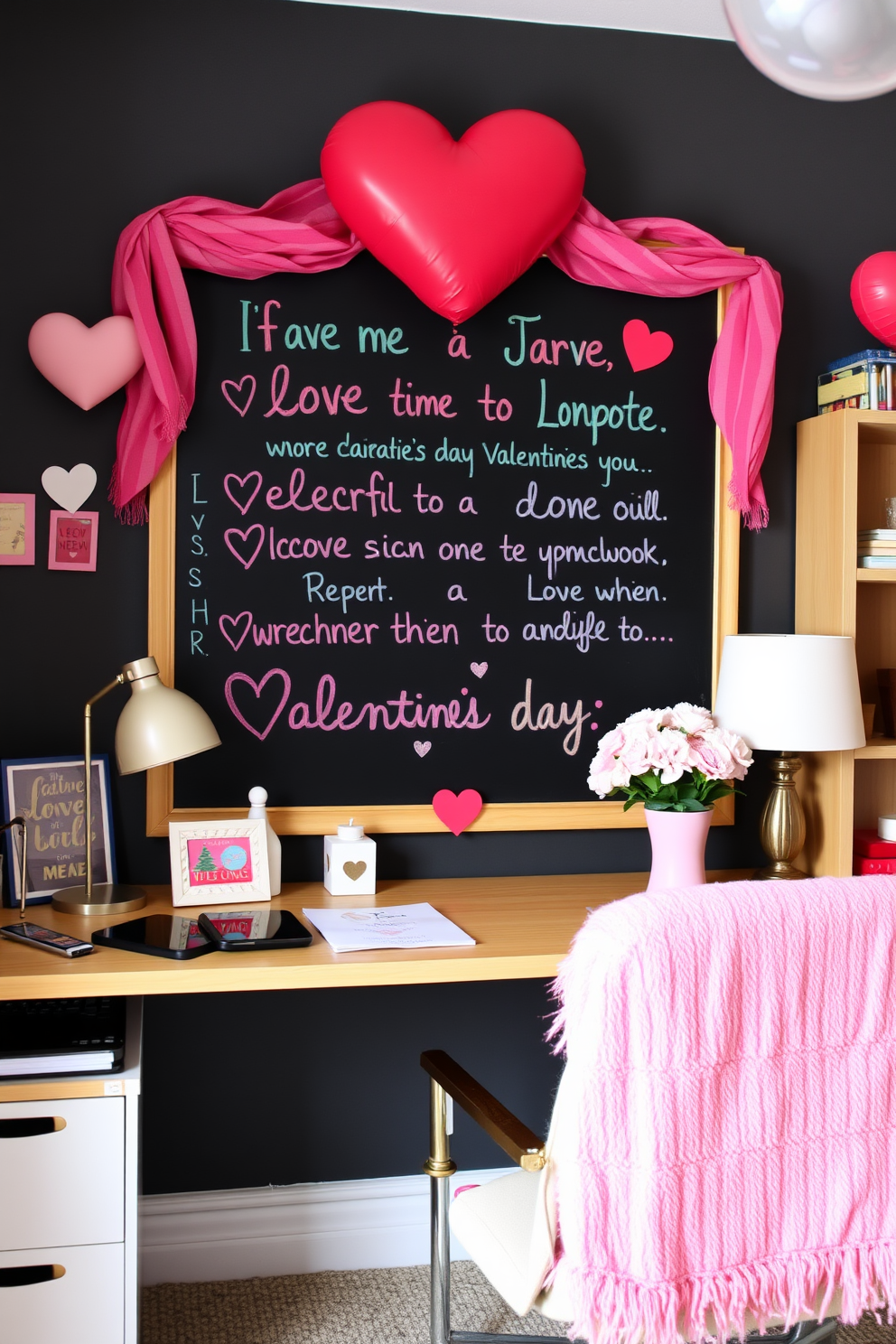 A cozy home office adorned for Valentine's Day. The chalkboard displays heartfelt love messages in colorful chalk, surrounded by soft pink and red accents throughout the room.