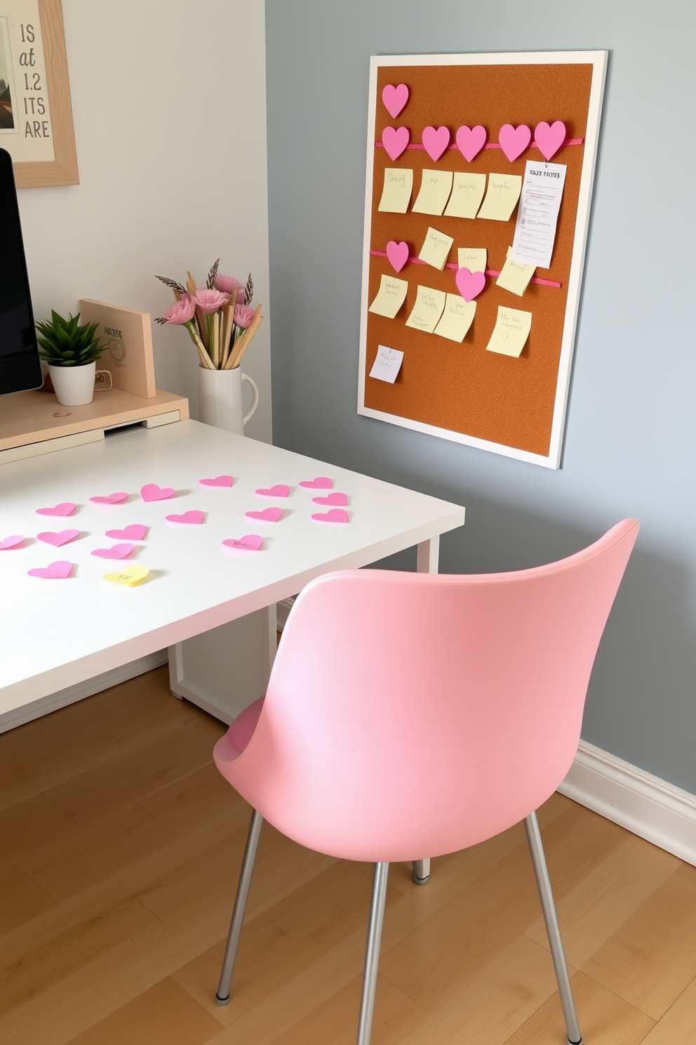 Adorable heart-shaped sticky notes are scattered across a sleek white desk in a cozy home office. A soft pink chair sits invitingly in front of the desk, while a bulletin board adorned with these notes adds a playful touch to the wall.